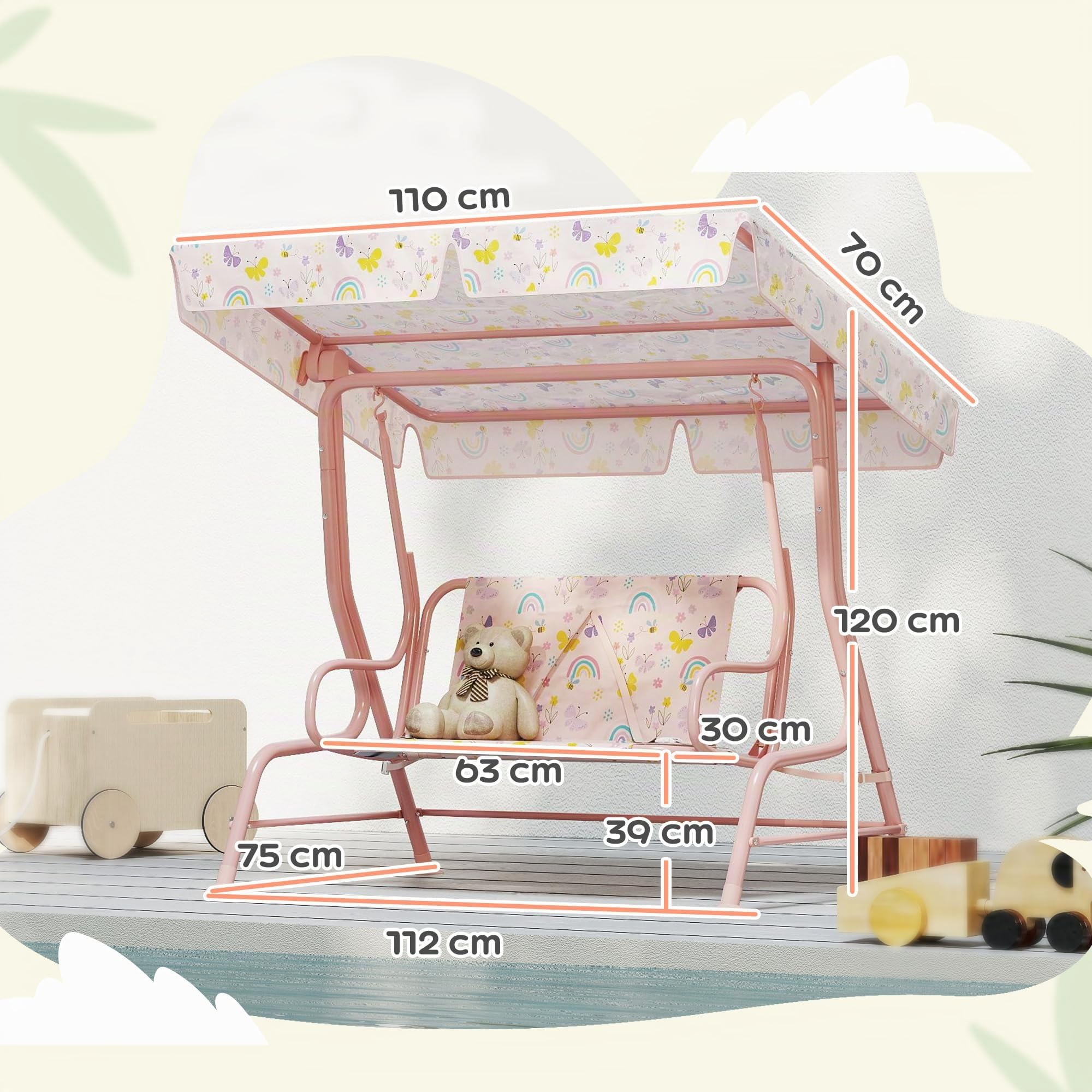 AIYAPLAY Columpio de Jardín Exterior para Niños Toldo 112x75x120 cm Rosa | +3 Años, Toldo Ajustable, Balancín de Jardín Exterior, 2 Plazas, Arnés de Seguridad, Estampados Bonitos