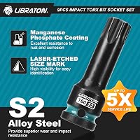 LIBRATON 9 részes Torx bit dugófej készlet 1/2" S2 acél T30-T80 ütésálló 2