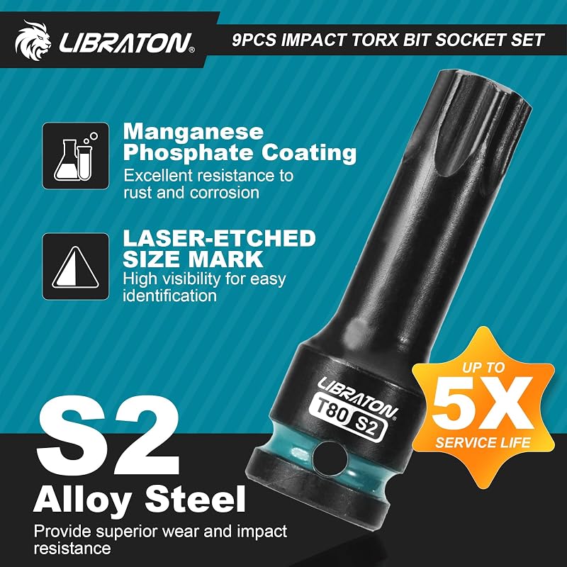 LIBRATON 9 részes Torx bit dugófej készlet 1/2" S2 acél T30-T80 ütésálló