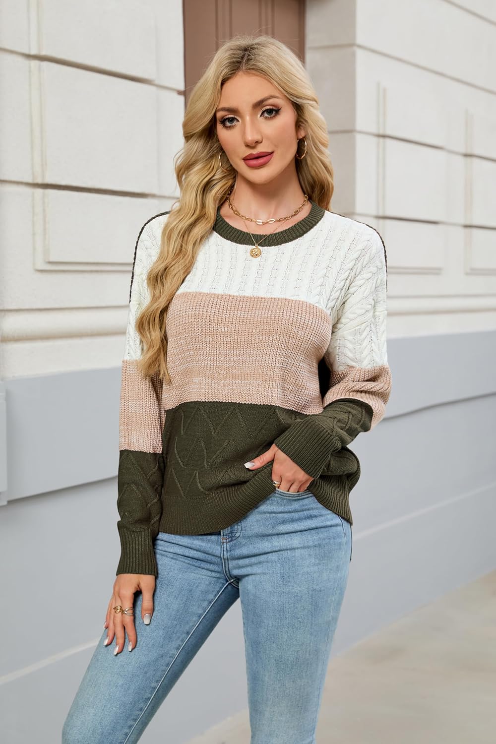 Women's Striped Color Block Sweaters Crewneck Fall Sweater Long Sleeve Oversized Soft Winter Pullover Tops - Image 5