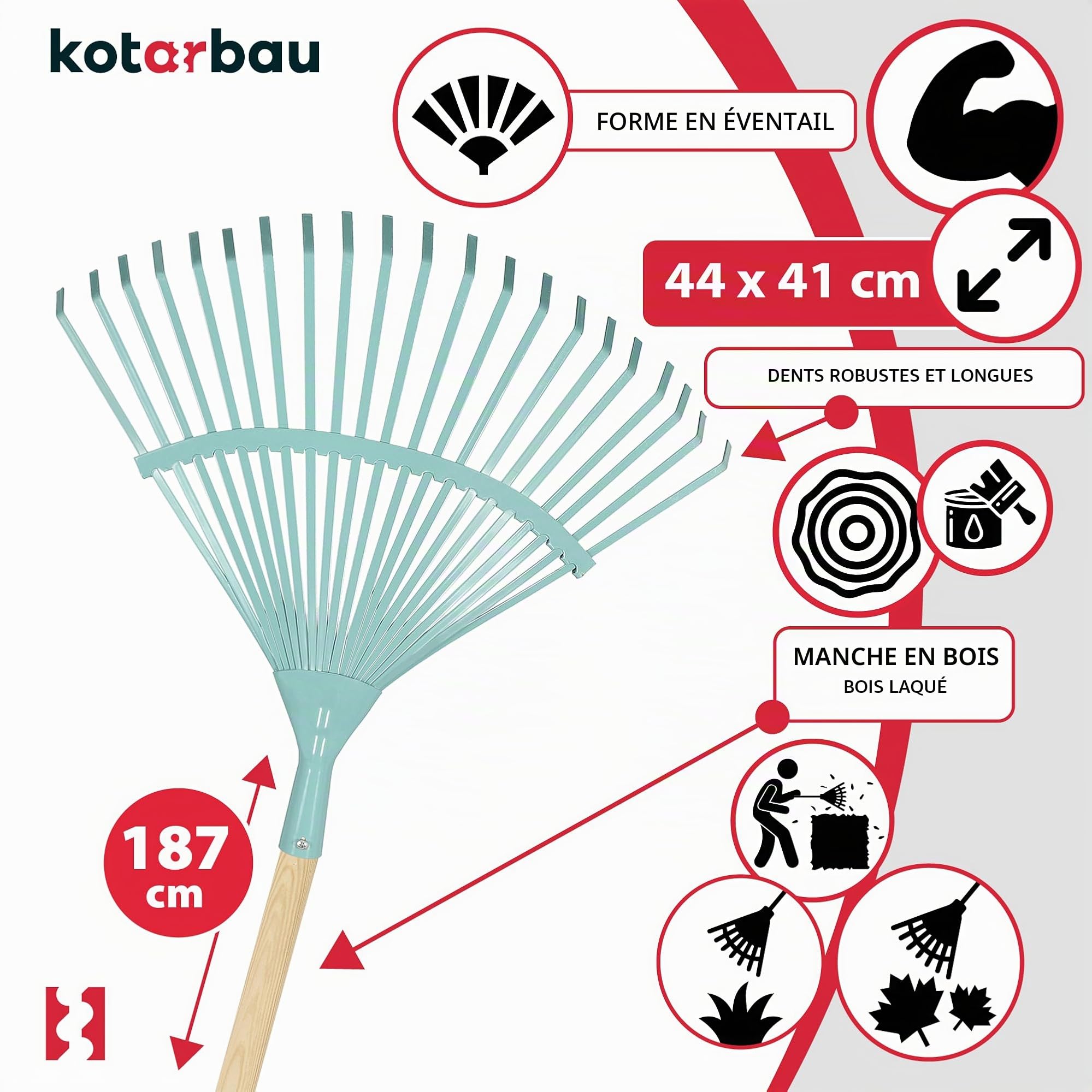 KOTARBAU® Rateau à Feuille - Acier - 41 cm - Râteau Jardin- avec Manche - 187 cm - Ramasse Feuille - Outil Robuste pour Gazon et Feuilles - Turquoise et Bois Naturel
