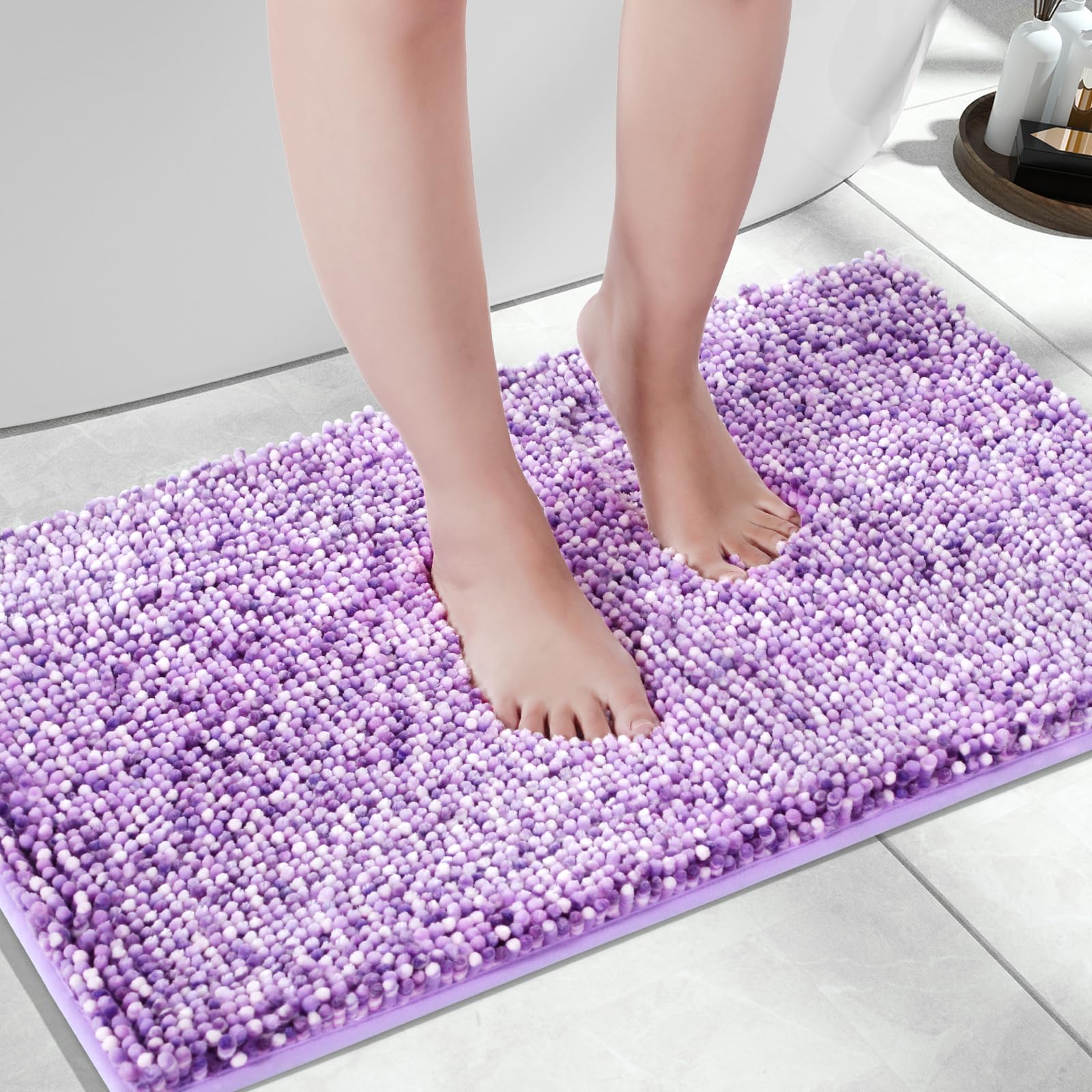 Yimobra Chenille Bathroom Rugs, 28x17.5, Extra Soft Bath Mats for Bathroom Non Slip, Fluffy Plush Luxury Shower Mat Outside, Water Absorbent, Machine Washable, Purple &amp; Lavender