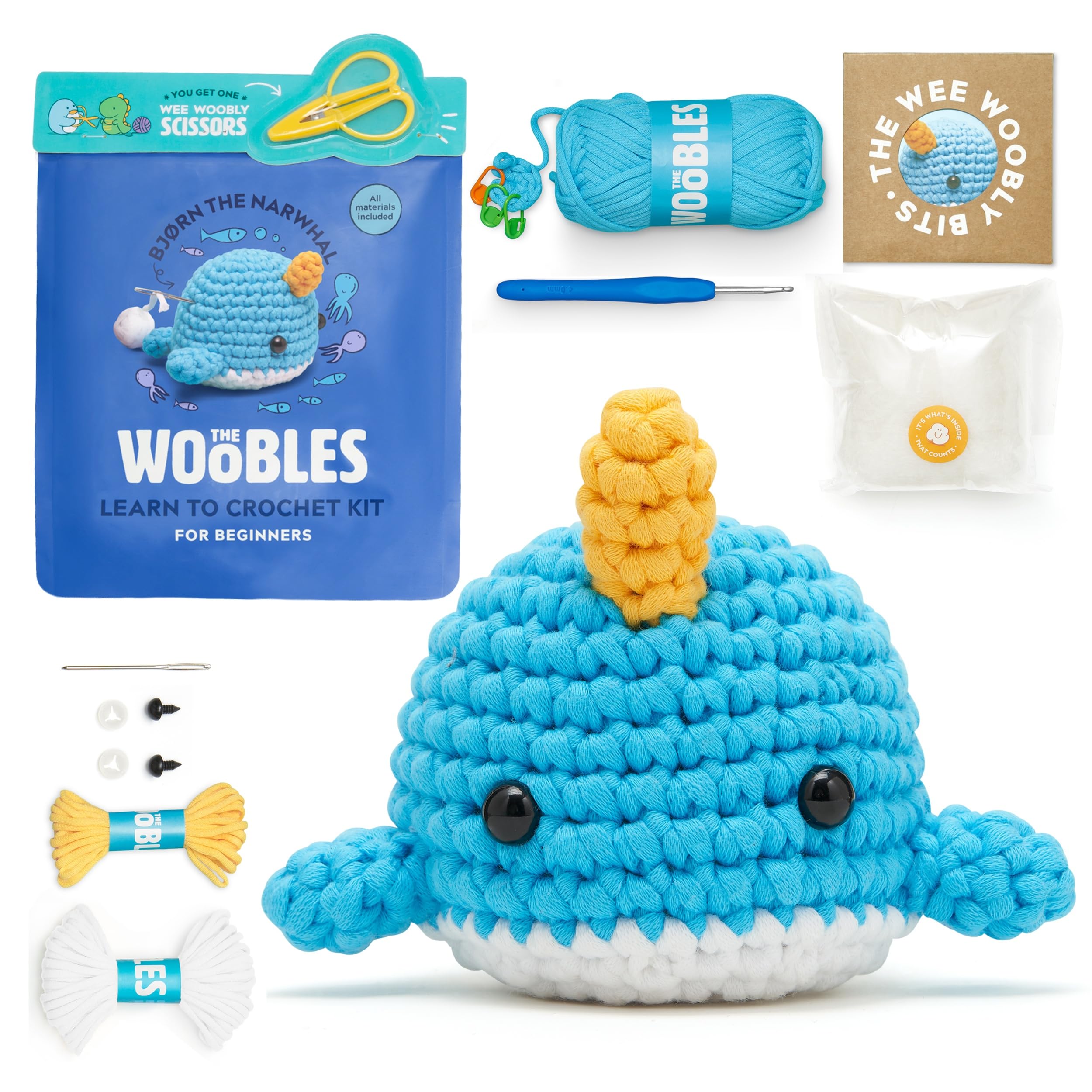 The Woobles Beginner Crochet Kit with Scissors Kit - Bjørn the Narwhal
