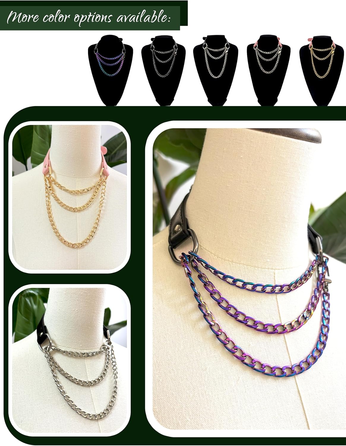 Handmade Black Vegan Leather Choker Collar For Women, Adjustable Triple-Layer Slip Chain Necklace - Image 6