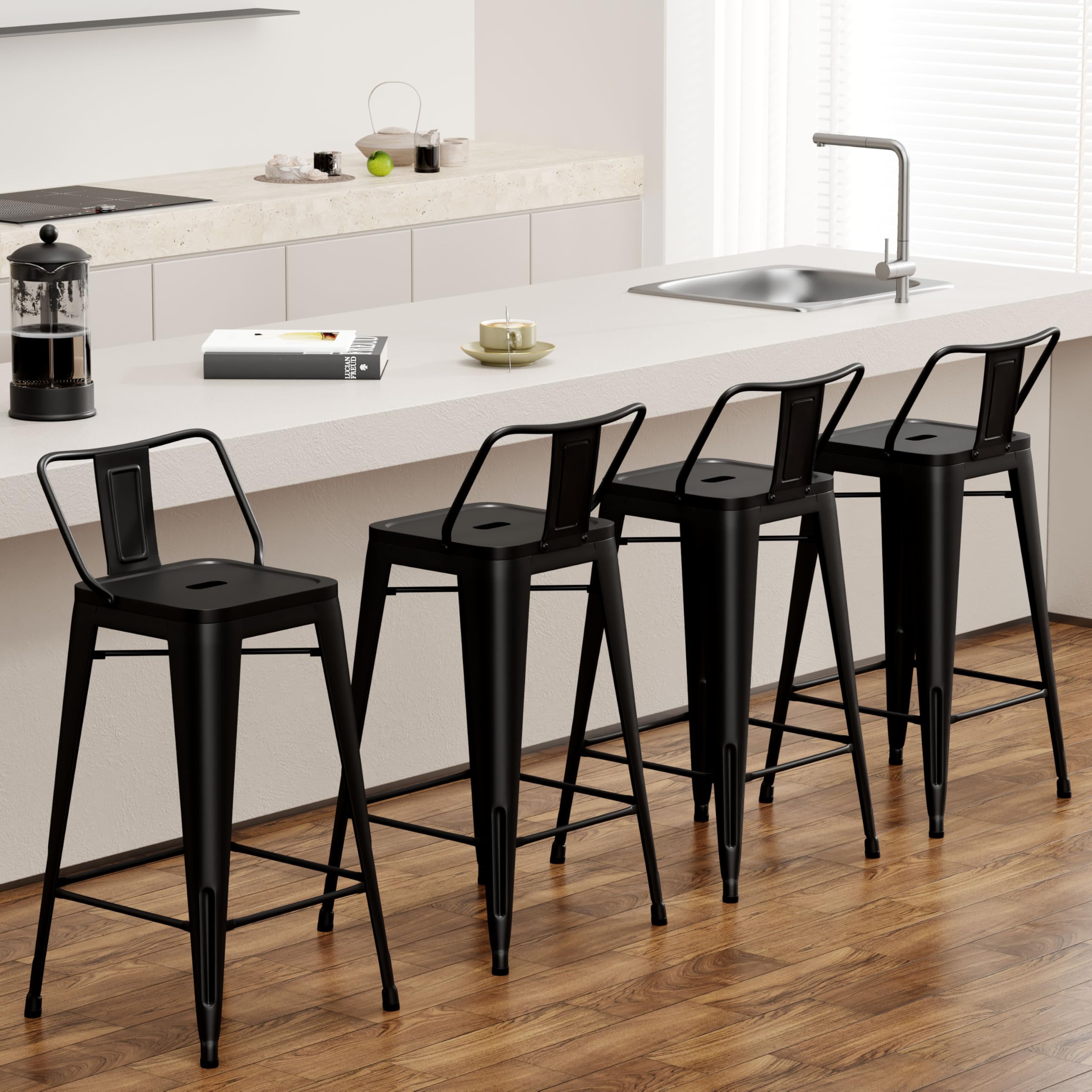 Tongli Metal Bar Stools Set of 4 Barstools Counter Height Bar Stools with Back Industrial Bar Stool Indoor Outdoor Counter Stool Kitchen Island Stools Modern Bar Chair 26inch Matte Black