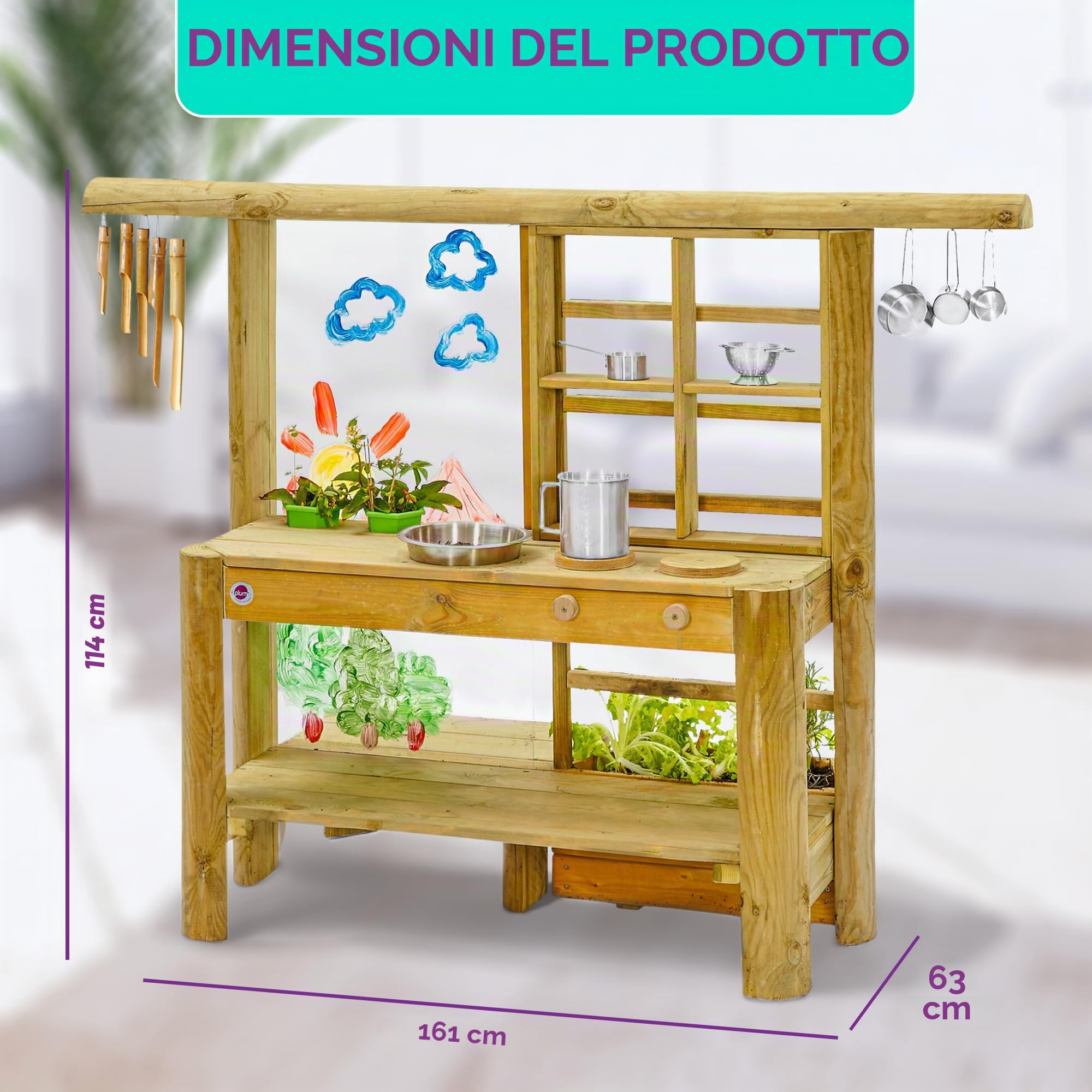 Plum Discovery Outdoor Mud Pie Kitchen Sensory Play – Fioriera integrata da giardino, lavello, utensili da cucina, schermo facile da pulire con vernice a base d'acqua, adatto per bambini dai 3 anni in