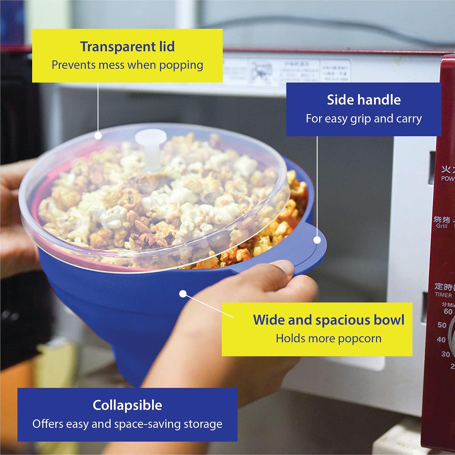 Gadgetime USA Microwave Popcorn Popper with Lids - Silicone - No Oil or Butter Required - Collapsible Bowls - BPA-Free - Movie Night Supplies - Blue