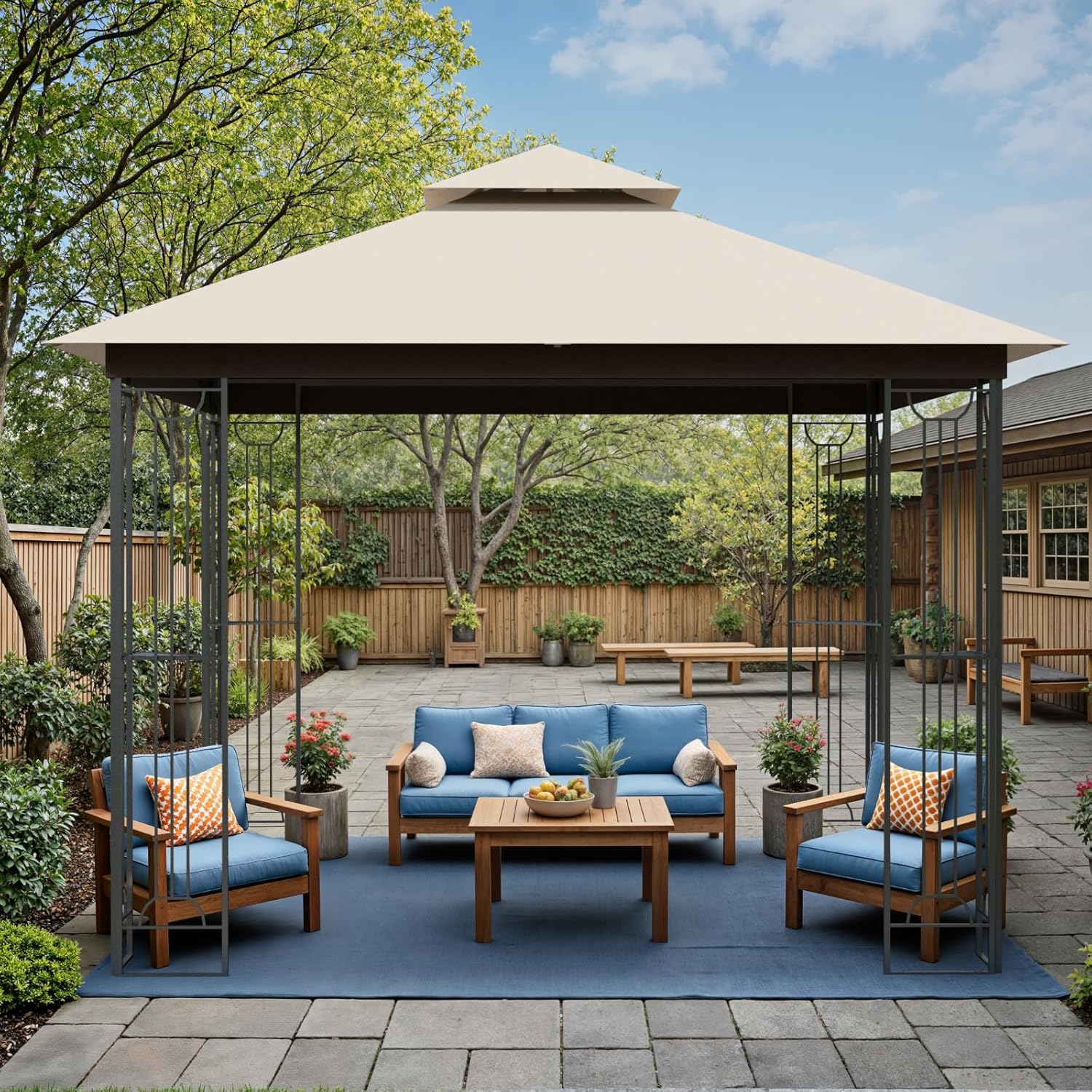 Patio Gazebo 10×10, Outdoor Gazebos, Heavy Duty Gazebo Soft Top Gazebos,Double Roof Outdoor Gaze bo Shelter with Corner Frame for Patio Deck Backyard Garden Lawns