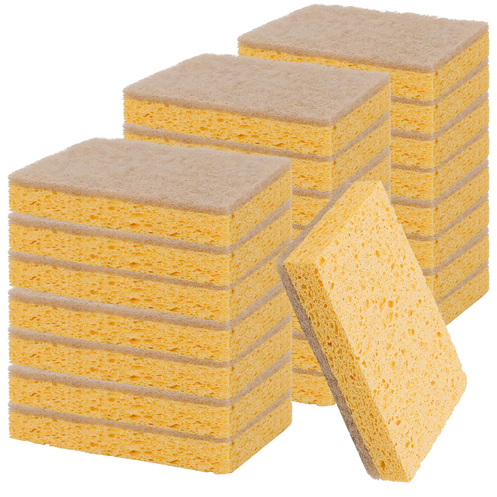 Pingeui Brown, Yellow 24 Pack Eco Sponges Washing Up, Natural Cellulose Dish Sponge With Non-Scratch Scouring Pads, Biodegradable Kitchen Sponges For Household
