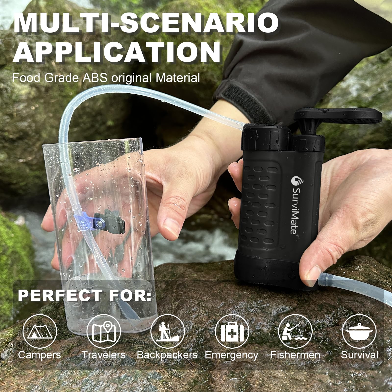 Bomba purificadora de agua con filtro de agua de carbono reemplazable de 0,01 micras, 4 etapas de filtro, color negro