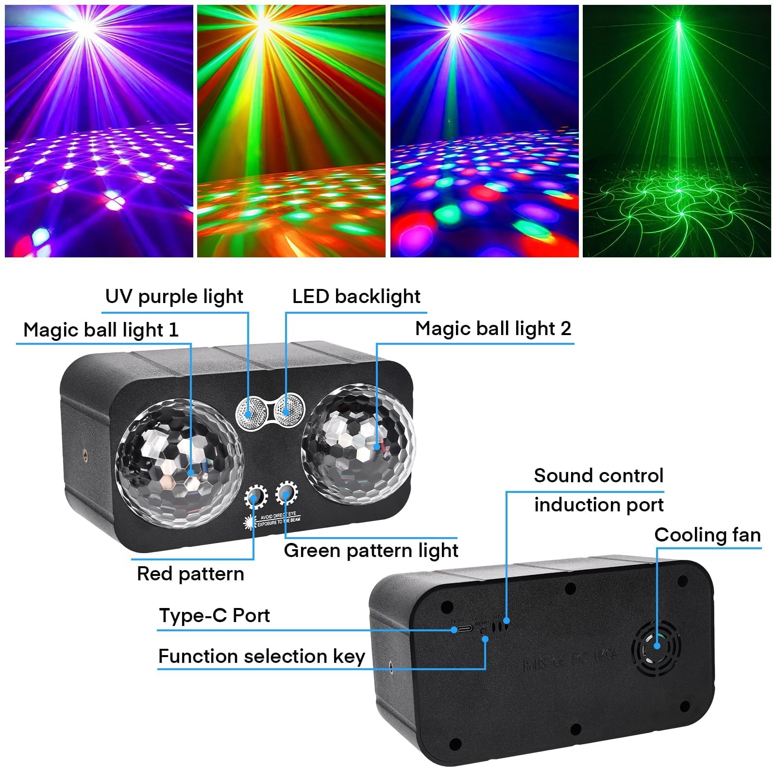 Lumières Disco 6 en 1 avec Trépied, Jeu de Lumière Disco avec 2 Boules Disco Lumière DJ RGB Activée par Musique, Effet Stroboscopique, Lampe de Scène pour Fête, Mariage, Soirée DJ, Noël et Halloween