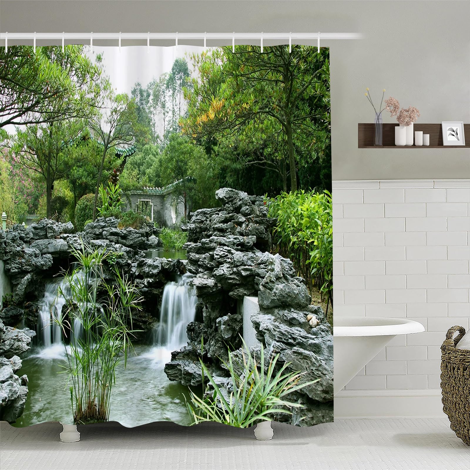 Simpomsy Japanese Shower Curtain Garden Shower Curtain Outdoor Pattern Bathroom Curtain Scenic Shower Curtains Garden Waterproof Polyester Fabric Outdoor Curtain With 12 Hooks 180x180cm