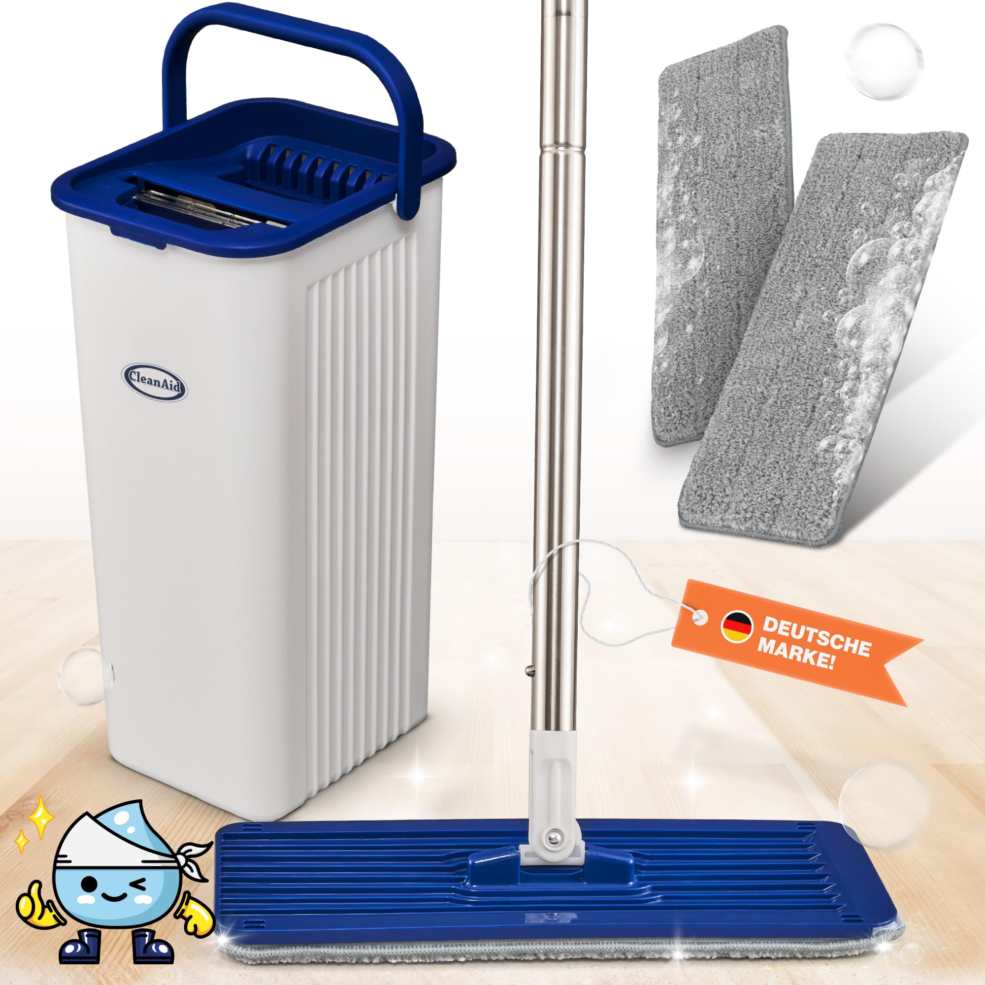 CleanAid Formosa 2 Floor Mop Set with Bucket, 360° Flat Wiper, Compact Bucket with 2 Chambers, Extra Long 155 cm Stainless Steel Handle, 2 Microfibre Mop Covers for All Smooth Surfaces