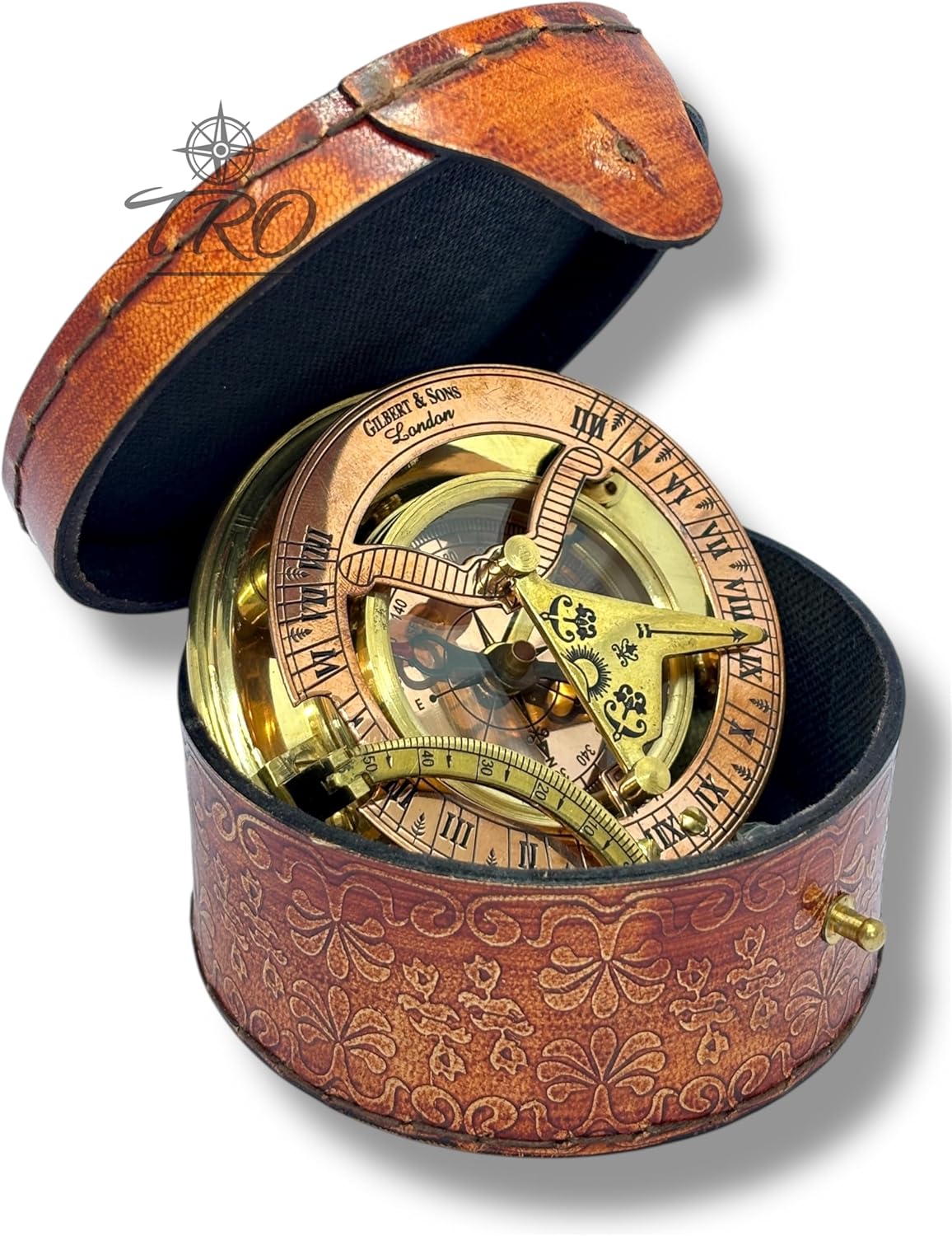 Brass Sundial Compass with Embossed Box – Handmade Maritime Navigation Instrument for Collectors & Gifting Sun Clock Ship Replica Watch