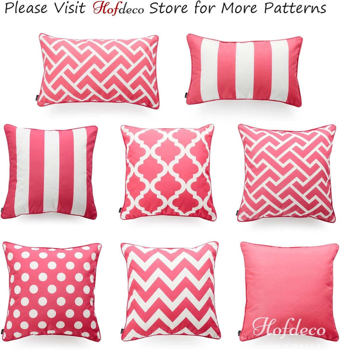 Hofdeco Indoor Outdoor Pillow Cover ONLY, Water Resistant for Patio Lounge Sofa, Hot Pink White Stripes, 18"x18", Set of 2