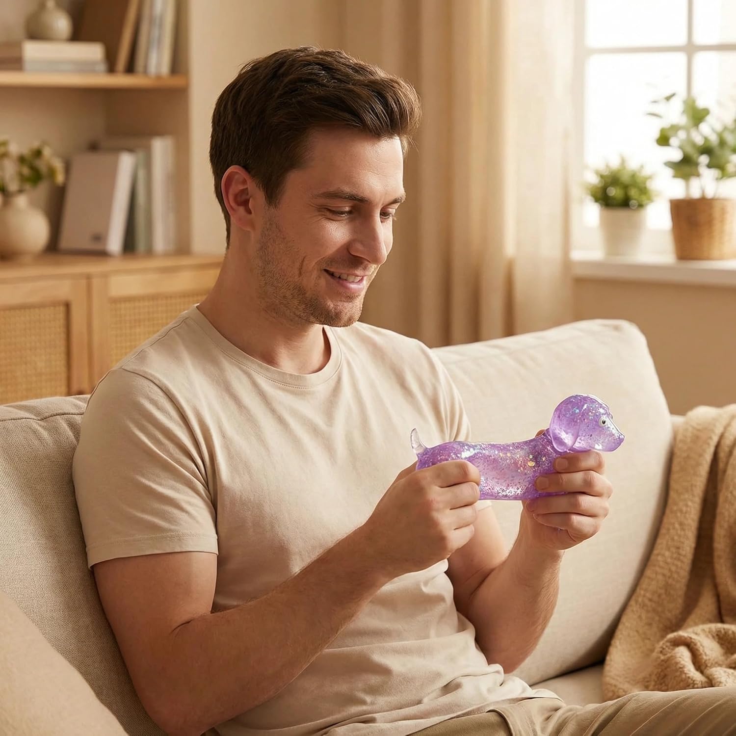 Sparkly Sausage Dog Squishy, 4.3in Mini Rainbow Stretchy Sausage Toy, Soft Glitter Stress Relief Fidget for Desk & Relaxation (Pink)