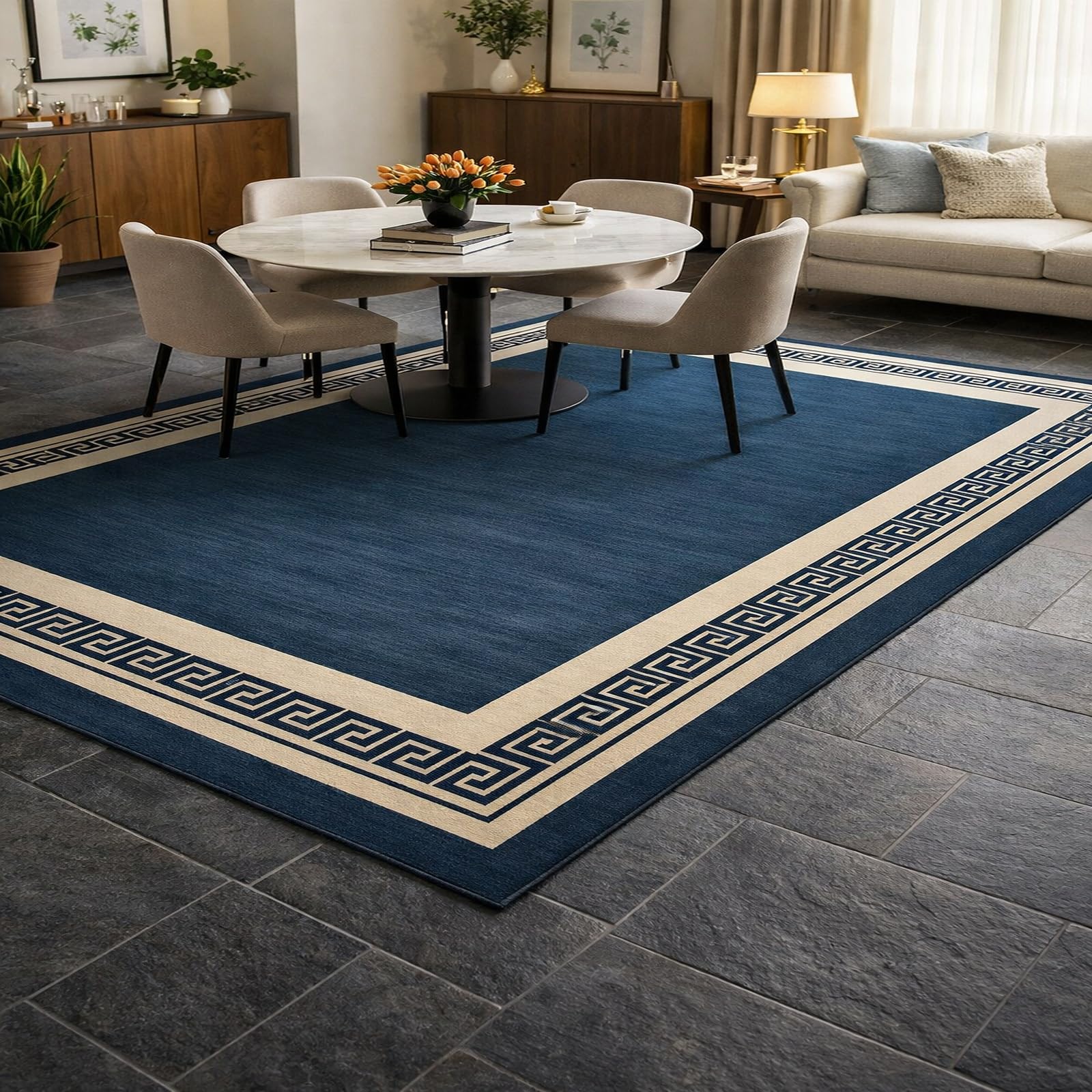 Tapis bleu géométrique 170x240cm lavable et antidérapant Rururug