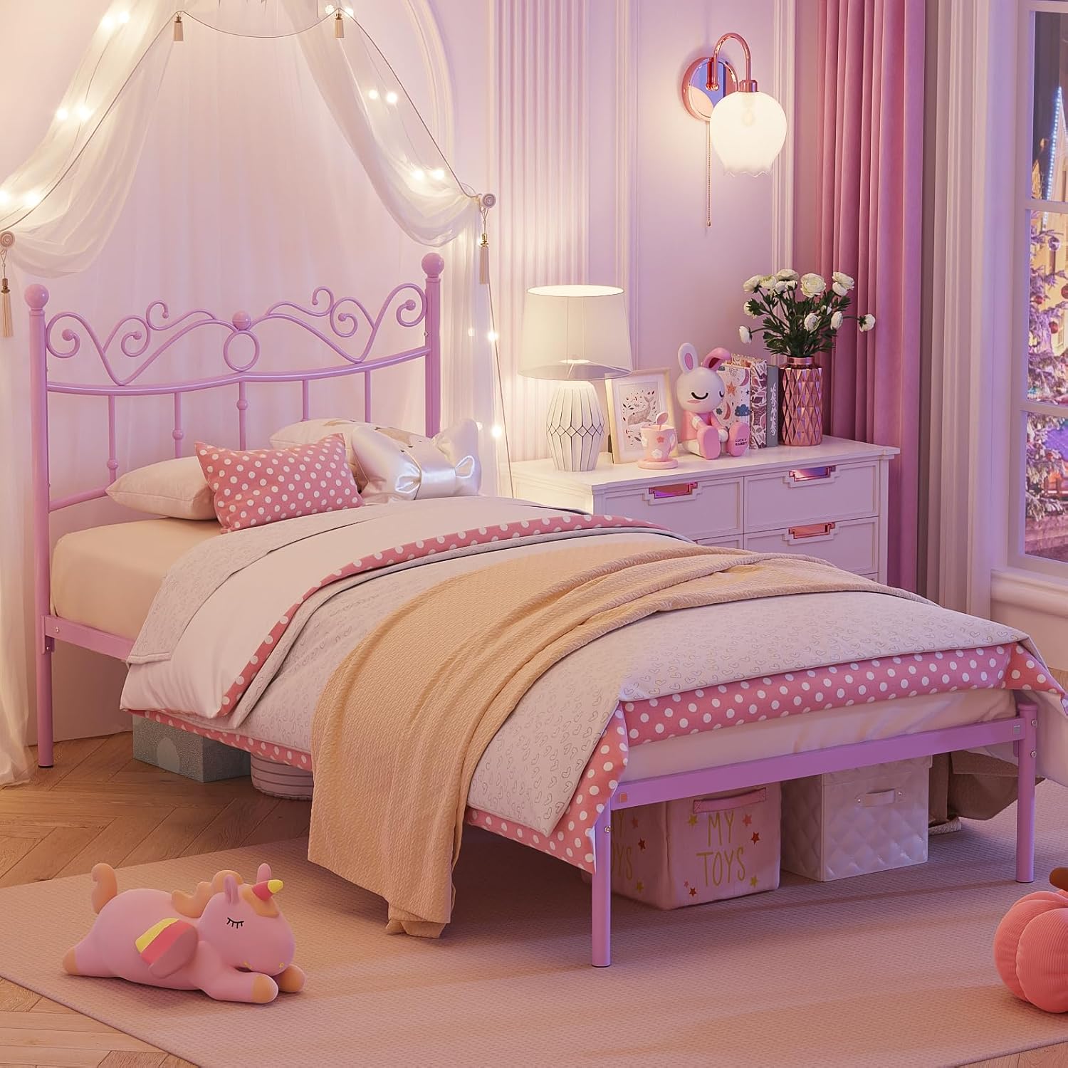 Twin Bed Frames with Headboard, Elegant Metal Bed Frame for Kids Girls, Modern Twin Size Platform Bed - No Box Spring Needed, 11.2 Inches Height Underbed Storage - Purple - Image 7