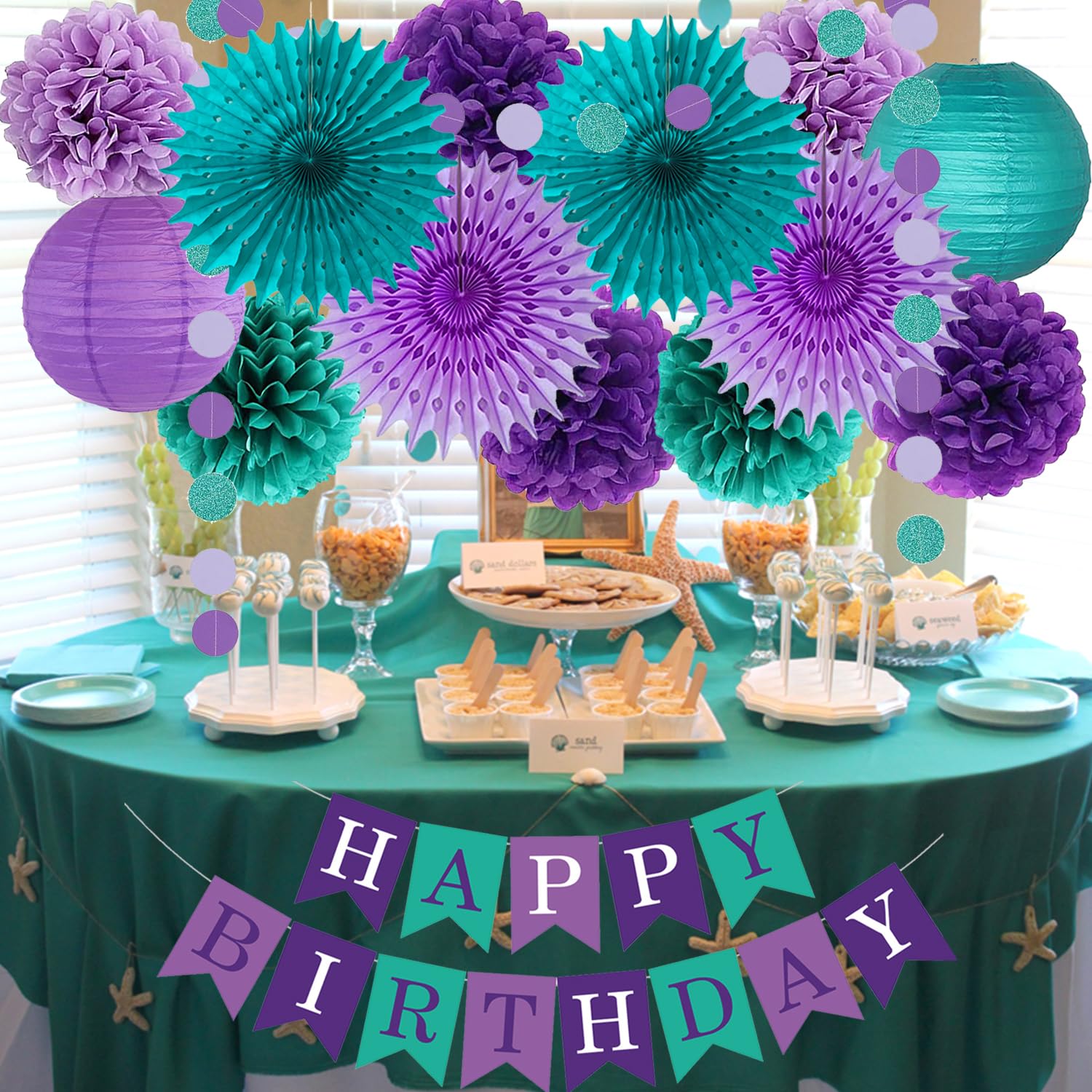 Teal Viola Lavanda Decorazioni per feste Sirena Festa di Compleanno Tessuto Pom Pom Fiori Lanterne Buon Compleanno Banner Dots Ghirlanda sotto il mare Festa Ragazze Baby Shower Party Decorazione