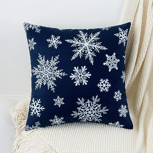 Miniatura 4 de HWY 50 Fundas de almohada azul oscuro de 18 x 18 pulgadas para sofá, cama, suaves fundas de almohada decorativas de Navidad con estampado de copos