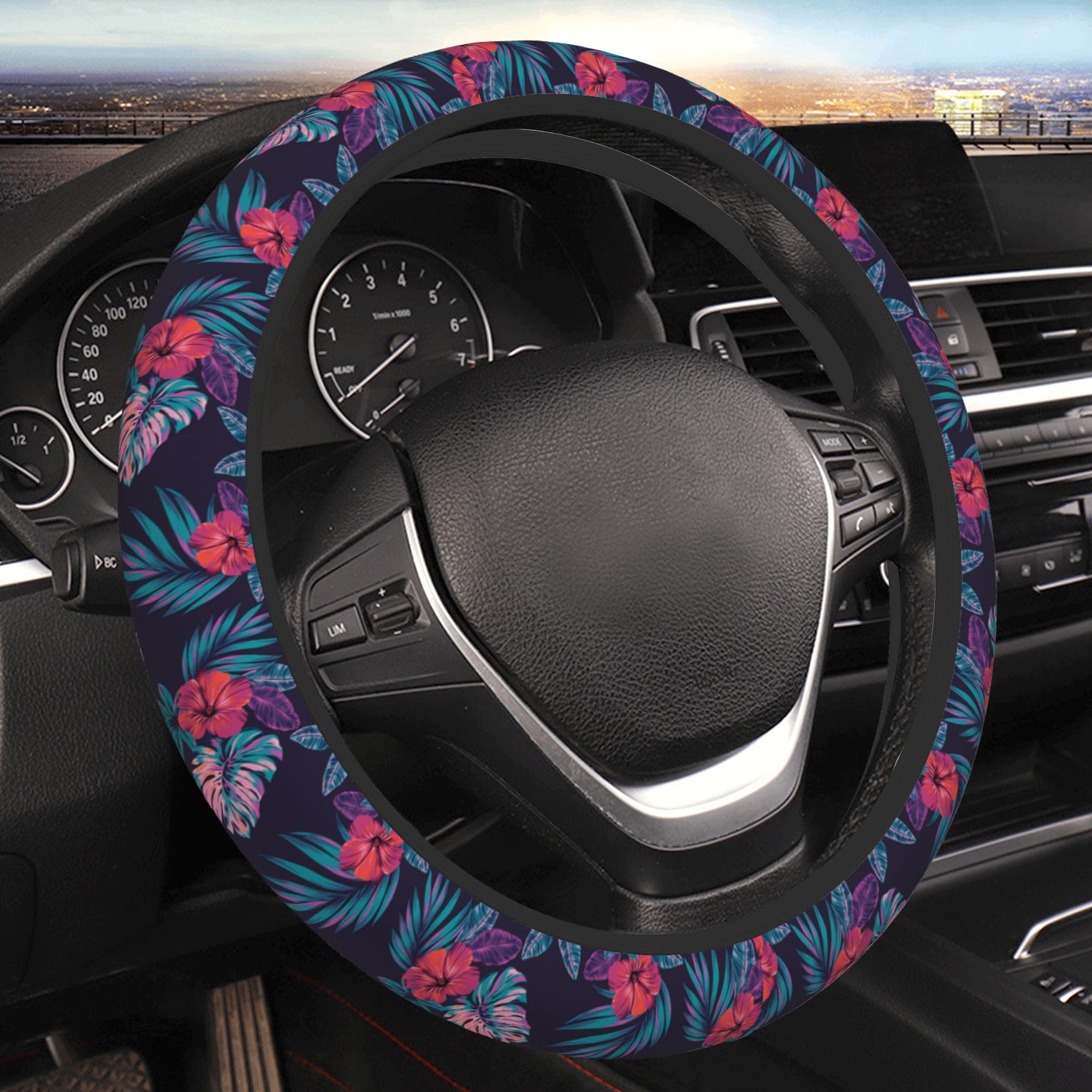 Colorful Hibiscus Flower Steering Wheel Cover Cute Car Accessories for Women Girls Girly Universal 15 Inch Neoprene Auto Interior Decor Anti Slip Car