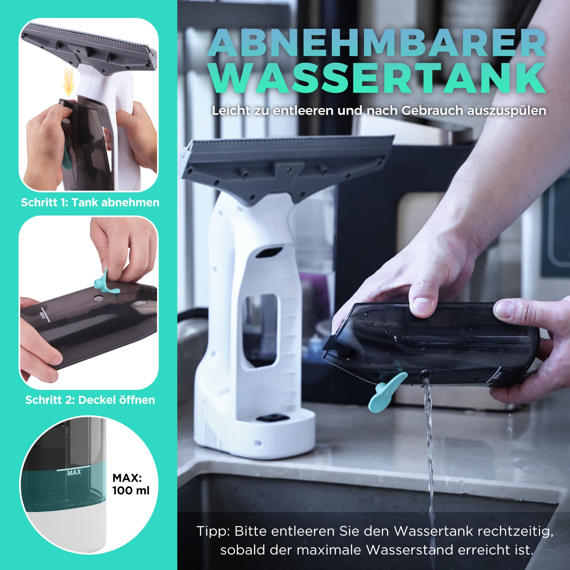 HAUSHOF Akku Fenstersauger Set, Kabelloser Fensterreiniger Fensterputzer mit 30 Min Laufzeit, 28 cm Saugdüse & 100 ml Wassertank, Streifenfreie Reinigung für Fenster, Spiegel und Fliesen