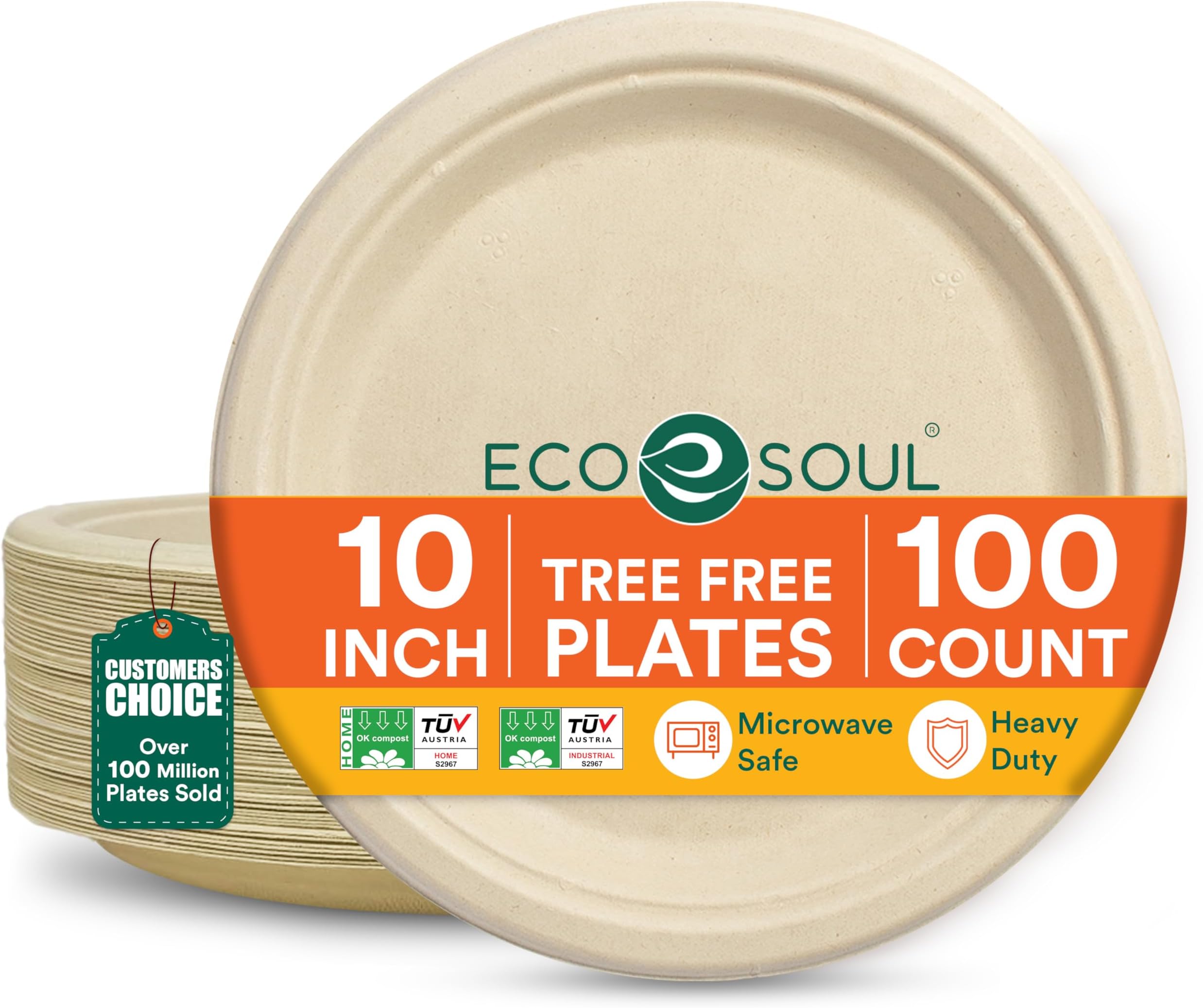 Eco Soul | Disposable Bagasse Plates | 10 inch - Pack of 100 | Disposable Plates Big Size in Bulk for Holi Party & Gatherings | Plastic-Free, Tree-Free, Microwave Safe, Leak-Resistant