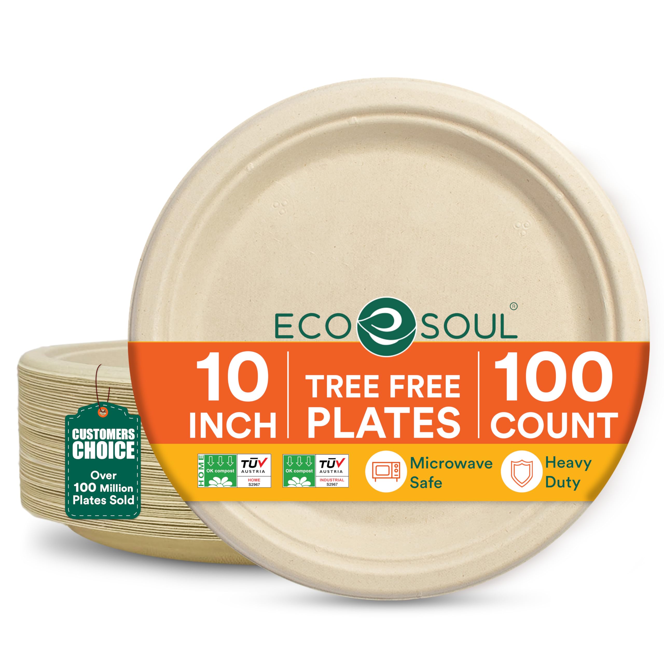 ECO SOUL 100% Compostable 10 Inch [100-Pack] Disposable Heavy Duty Eco-Friendly Dinner, Party, Wedding, Event Plates | Biodegradable Paper Plates