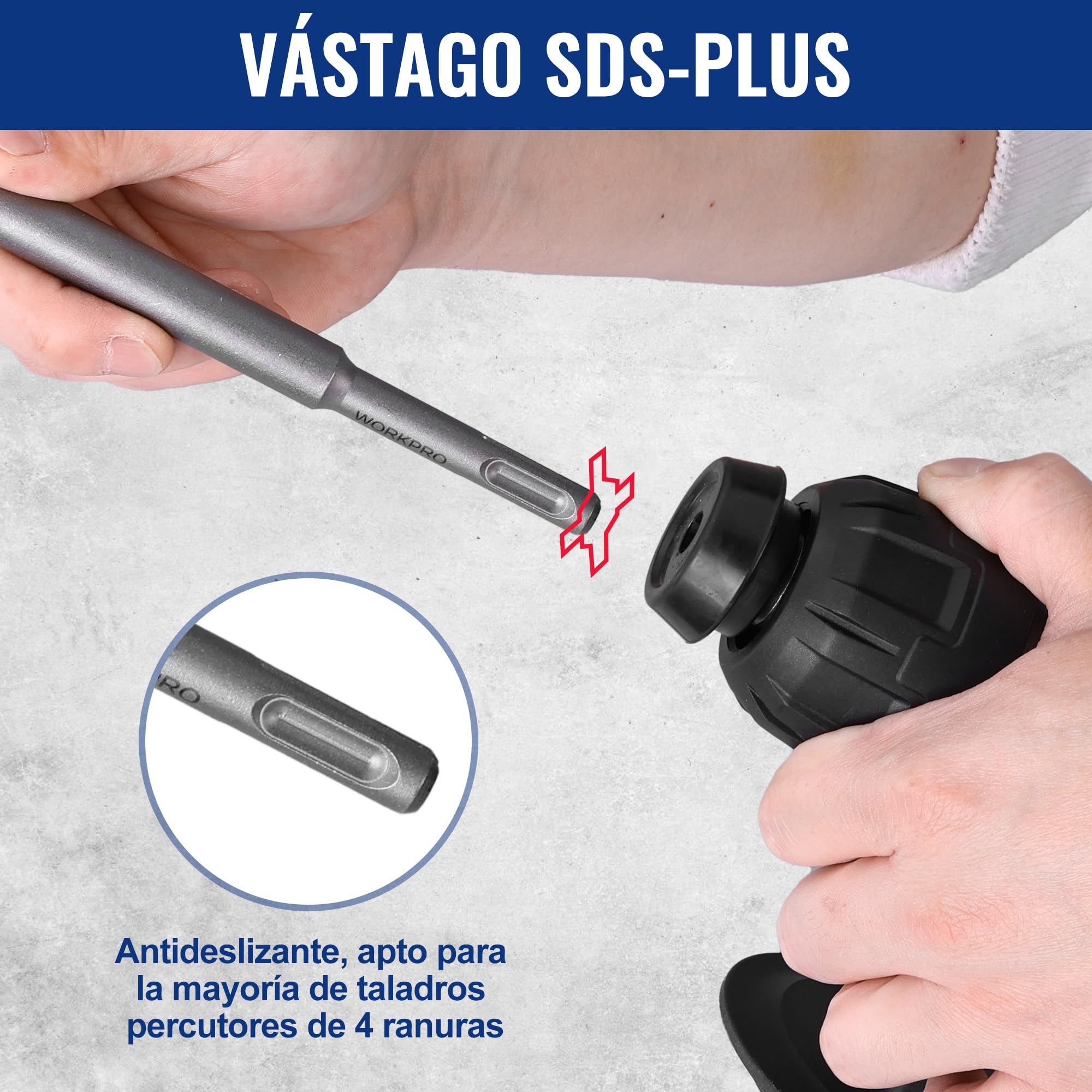 WORKPRO Juego Brocas Cinceles SDS Plus 15 Piezas, Hormigón | Incluye Cinceles Puntiagudos y Planos para Ladrillo, Cemento, Piedra y Trabajos de Mampostería