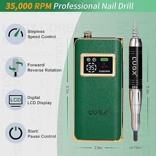 Miniatura 3 de L'UGX Taladro de uñas profesional, archivo de uñas de 35000 RPM, máquina de lima de uñas eléctrica portátil para acrílico, uñas de gel, manicura y