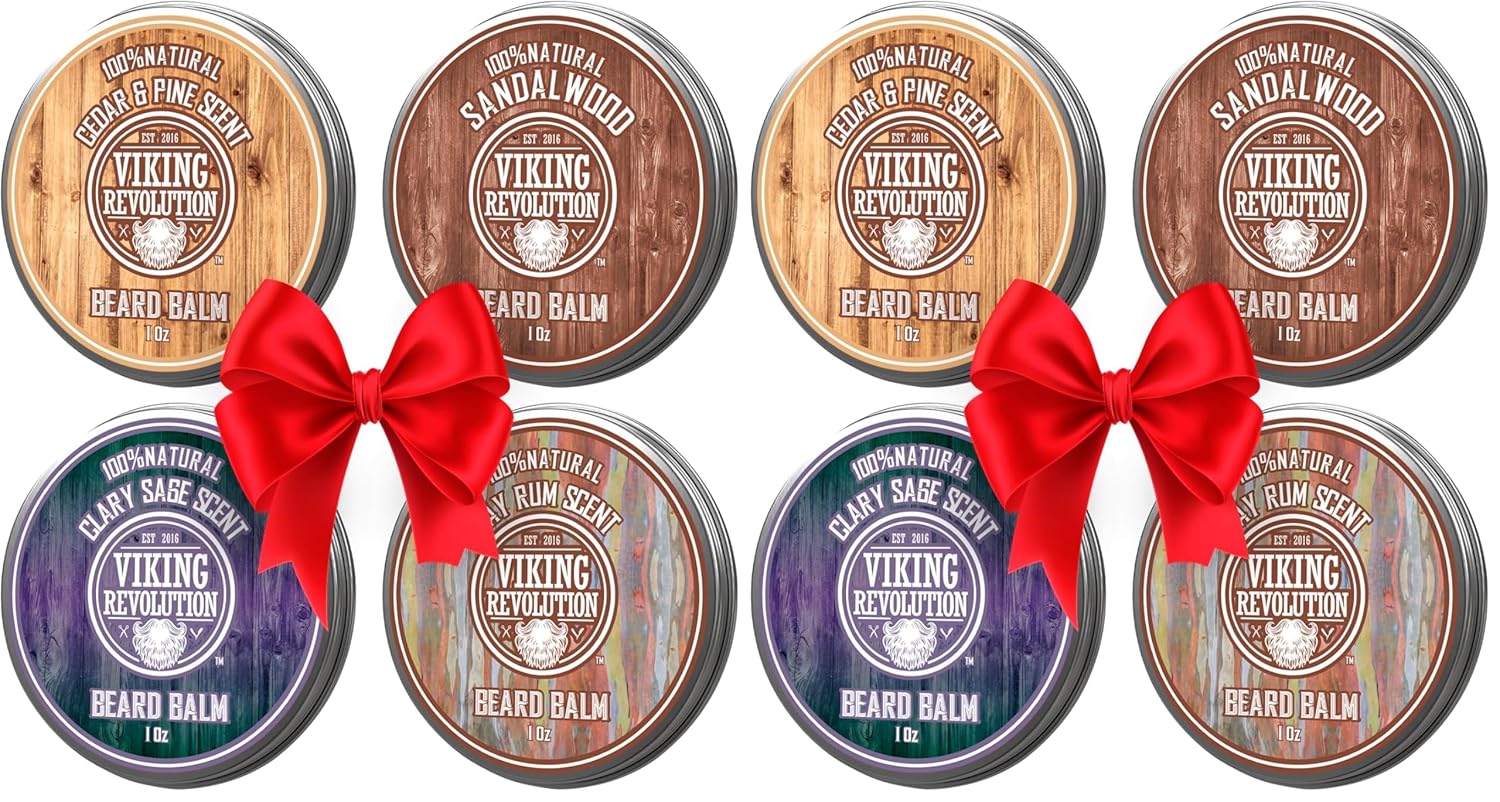 Viking Revolution 4 Beard Balm Variety Pack (1oz Each) - Sandalwood, Pine & Cedar, Bay Rum, Clary Sage - Styles, Strengthens and Softens Beards and Mustaches - Wax for Men (Pack of 2)
