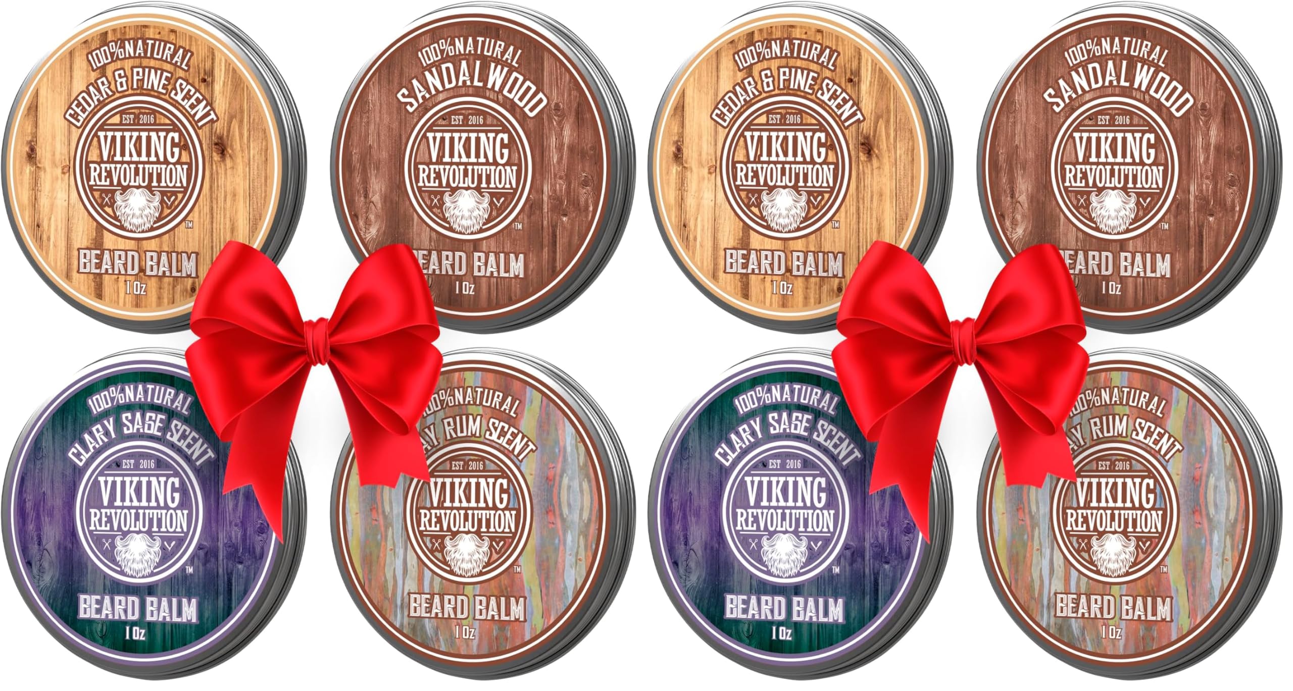 Viking Revolution - Bart Balsam 4er-Sortenpackung - Bartwachs - Stylt, Stärkt und Macht Weich - Sandelholz, Zeder & Kiefer, Bay Rum, Muskatellersalbei - Geschenke Für Männer - 4 x 28g (Packung mit 2)