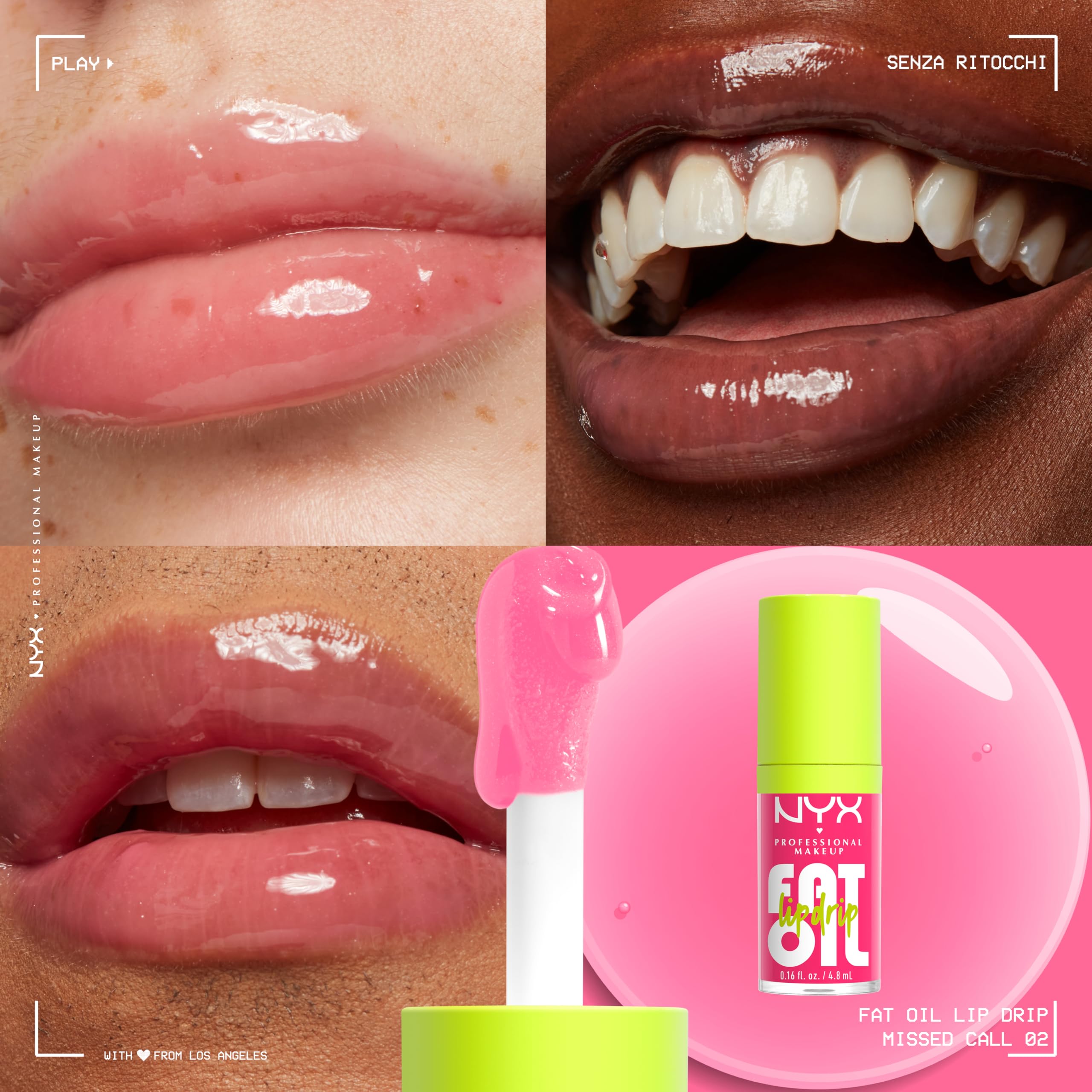 NYX Professional Makeup Set di Gloss Labbra, Finish Extra Brillante, Fino a 12H di Idratazione, Con Maxi Applicatore, Arricchito con Oli di Squalano, Lampone e Camemoro, Fat Oil Lip Drip, 4 Tonalità
