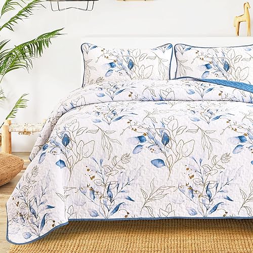 Miniatura 6 de Anibedding Juego de edredón botánico individual, 2 piezas reversibles elegantes con patrón de hojas azules, colcha de microfibra suave para toda la