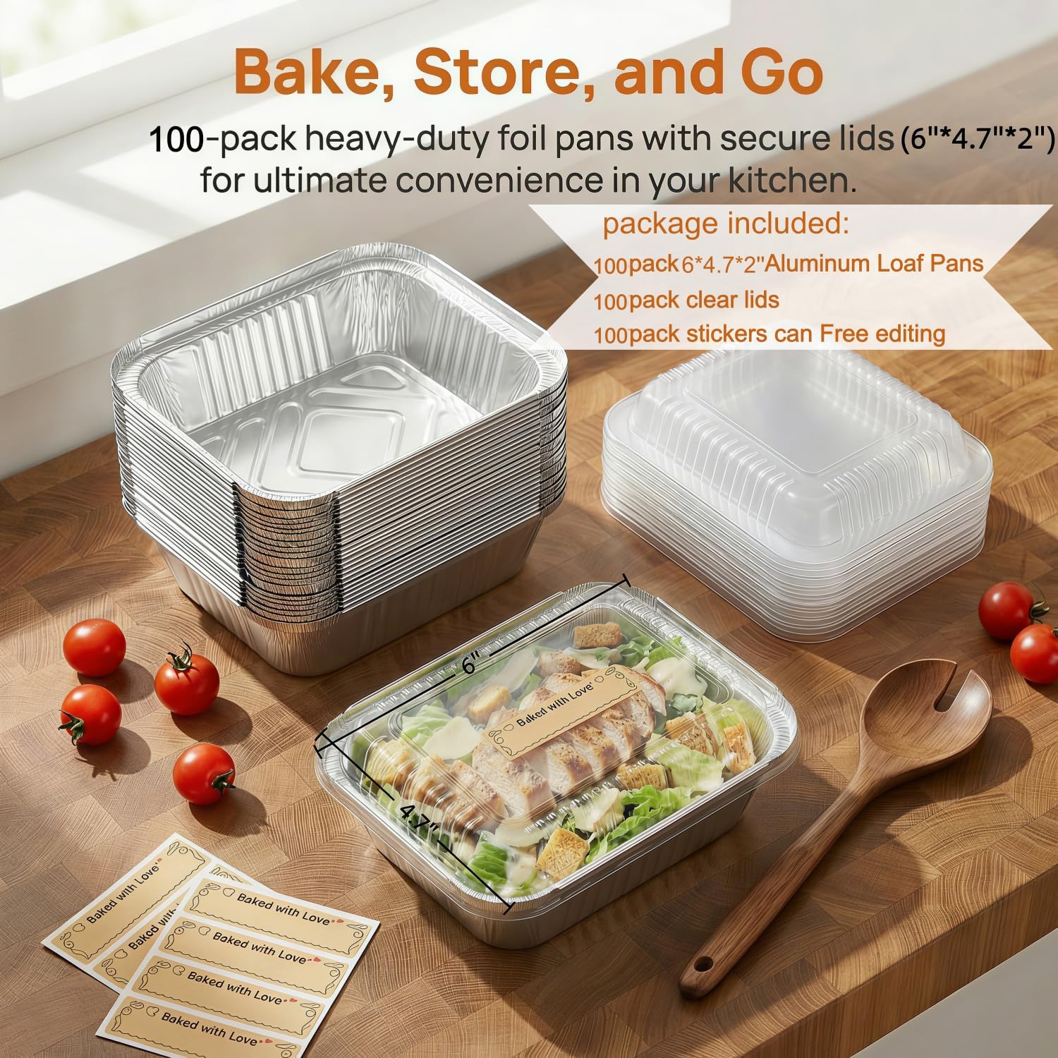 Gyreuni 100 Pack Mini Aluminum Loaf Pans with Lids Kit,6" X 4.7" X 2" image 2