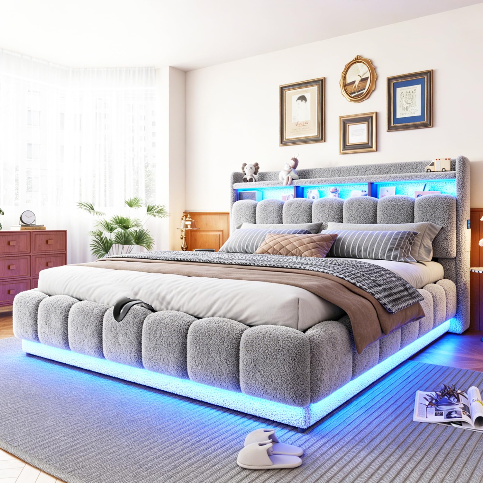 Cama Canapé 180x200 con Cabecero Acolchado Cama Tapizada con Almacenamiento Integrado Estructura Matrimonial con Elevación Hidráulica con Somier de Lamas con Tapizado Bouclé Apartamento Gris