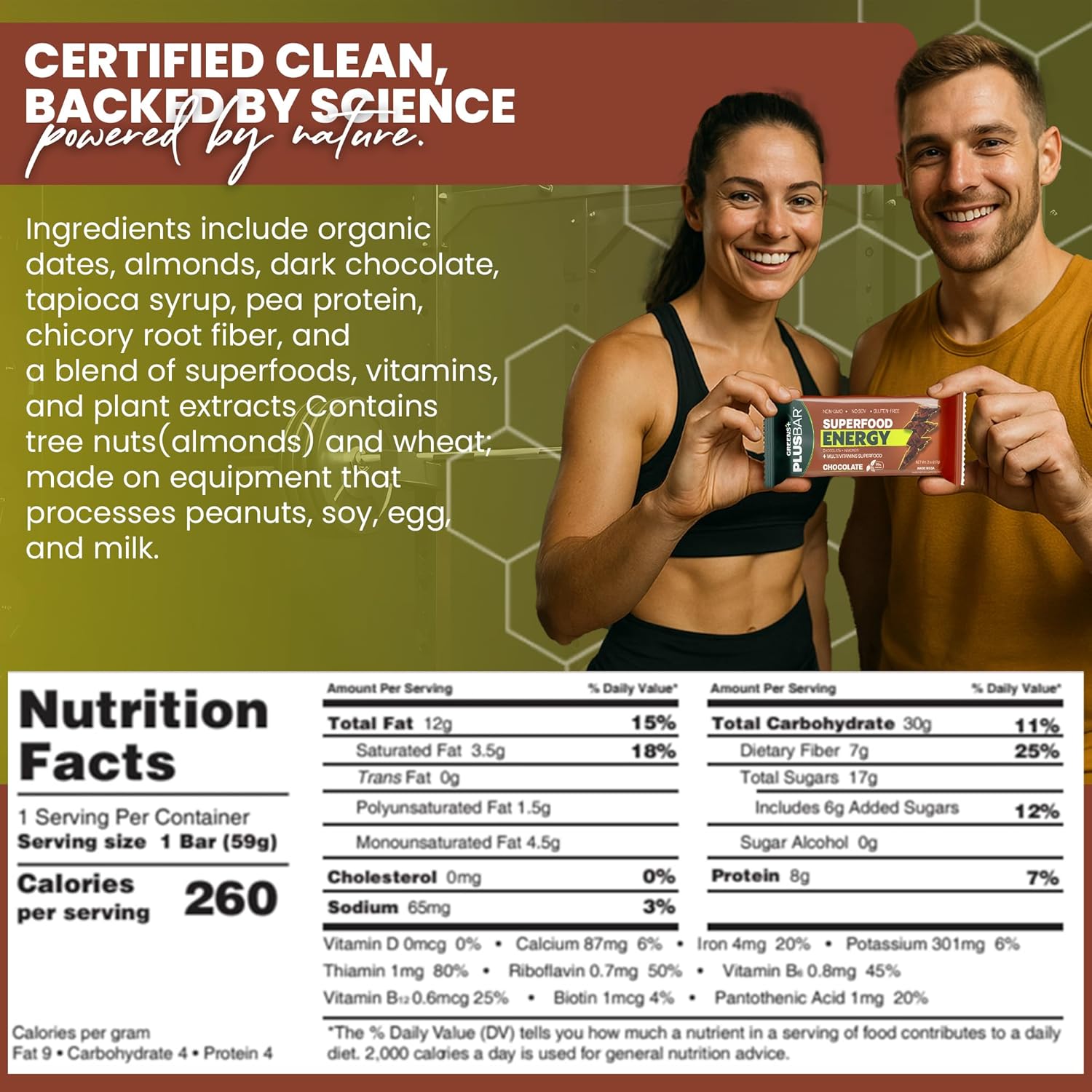 Greens+ Plusbar Energy Chocolate , Gluten Free Energy Bar , Organic Greens , Organic Dark Chocolate , Non GMO , 12 Bars