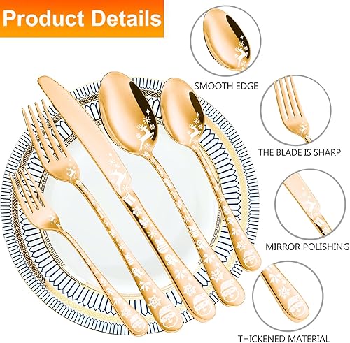Miniatura 3 de Vilihkc Juego de cubiertos de estilo navideño, juego de cubiertos de acero inoxidable de 20 piezas, juego de utensilios de cocina para 4, juego de