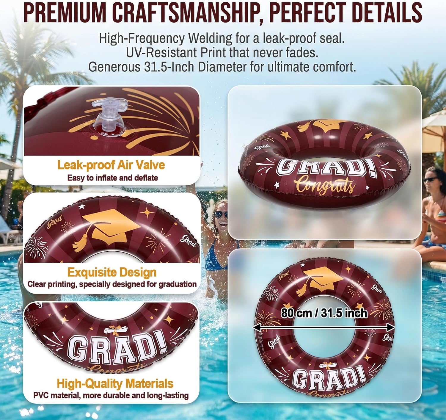Graduation Inflatable Swim Rings with Air Pump Congrats Grad Sign Activities Inflatable Pool Float 2026 Graduation Party Favor Swimming Pool Supply for Graduates Seniors College 31.5"