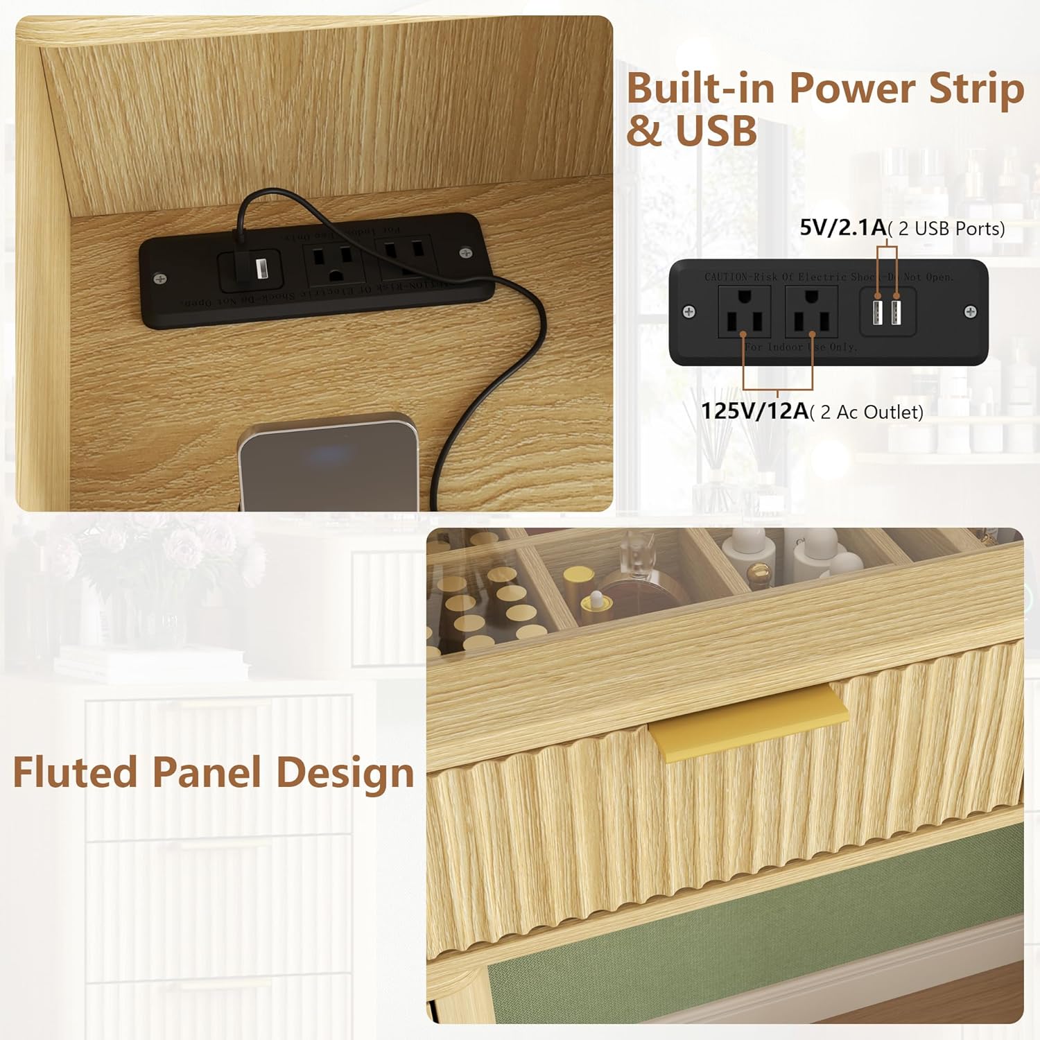 55” Fluted Makeup Vanity Desk with Mirror, Vanity Table w/ Glass Top, Power Outlet and 11 Lights, Large Vanities w/ 8 Drawers & 4 Shelves, Women’s Dressing Vanities for Bedroom, Dressing Room(Oak)