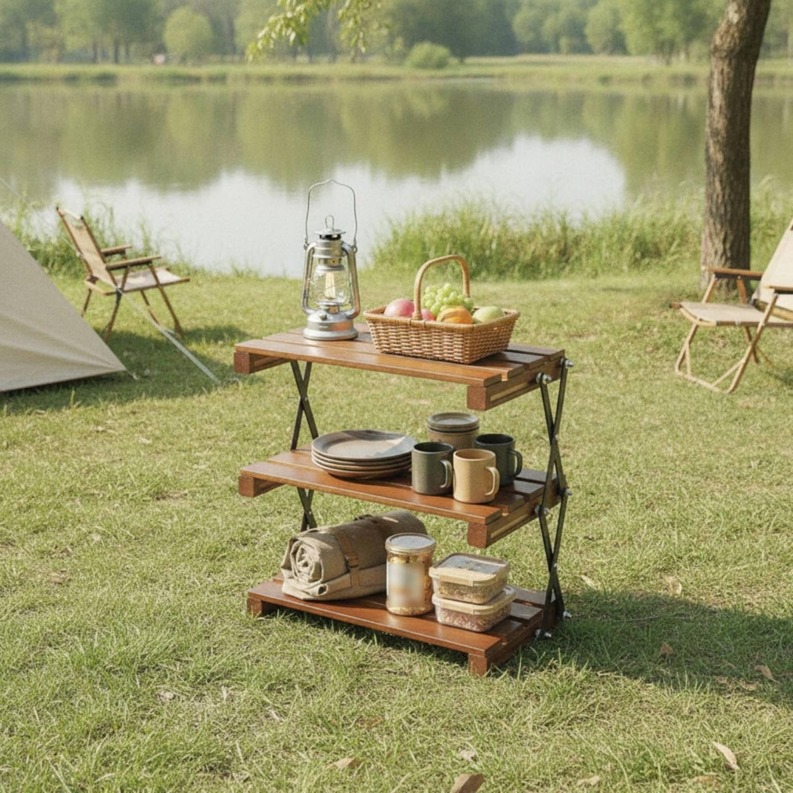 Étagère Camping Portable Étagère Pliante à 3 Niveaux Meuble Rangement Cuisine Camping Pliable pour Campeurs, Pique-Nique, Barbecue, Structure En Bois - Bois De Hêtre À Trois Niveaux