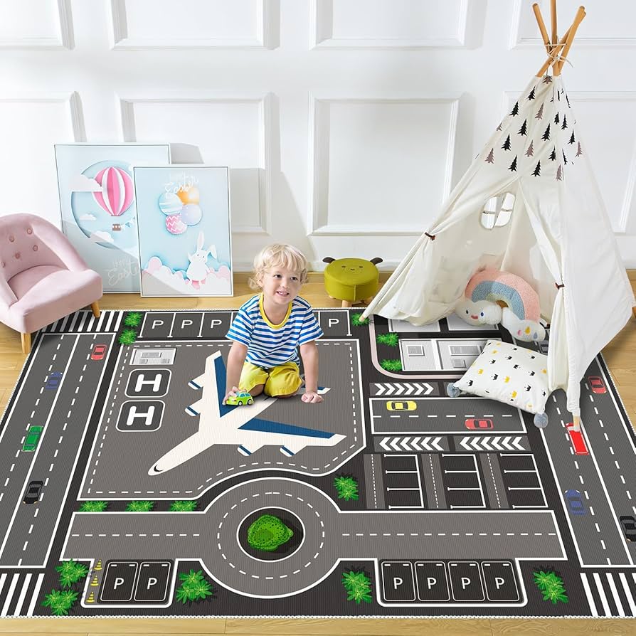 Airport Long Hallway Rug Runners, 4x10ft, Airplane Runway Track Indoor Area Mat, Anti-Skid Durable Nursery