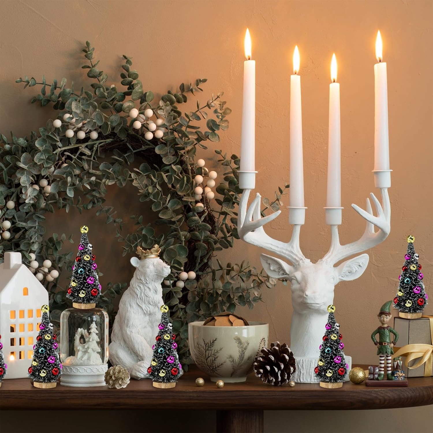 Winlyn 6 Pcs Artificial Mini Christmas Trees 4.3 Inch Frosted Green Bottle Brush Trees with Wood Bases Sisal Trees with White Snow and Ornaments for Winter Christmas Holiday Dollhouse Miniature Décor - Image 7