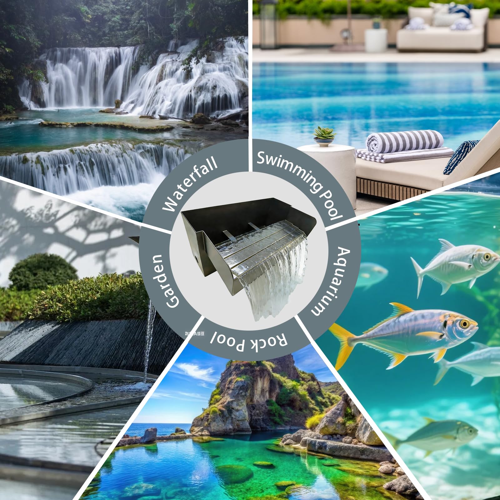 Teich Wasserfall für Gartenteich, 30CM Edelstahl Teichwasserfall Set Garten Teich Brunnen 304 Edelstahl 45W 3000 L/H mit Wasserfall Deko Garten Teich Wasserspiel Patio Terrasse Außente