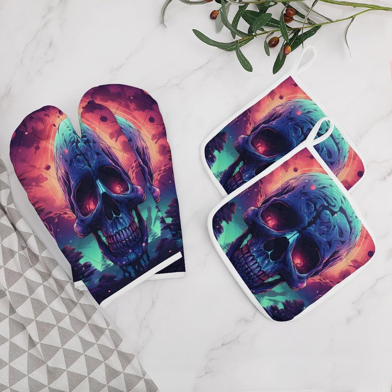 Blacklight Fire Skull 4 Pcs Oven Mitts and Pot Holders Set High Heat Resistant Long Kitchen Oven Glove Potholders