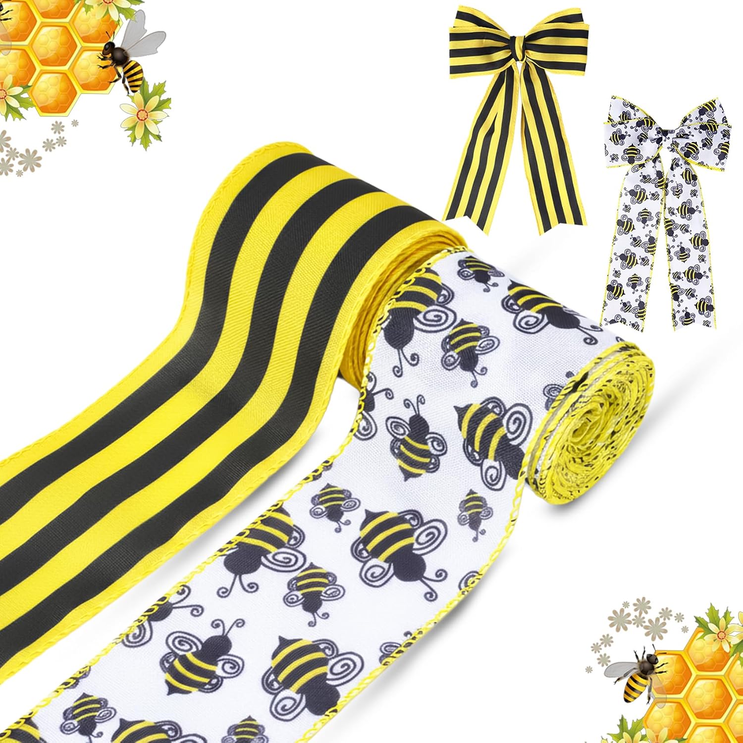 Bee Wired Ribbon 2 Rolls 10 Yards Bumble Bee Burlap Ribbon 2.5 Inch Honeybee Striped Ribbon Bees Day Decorative Ribbon for Gift Wrapping Crafts Flower Bouquet Wreath Bows Holiday Party Decor