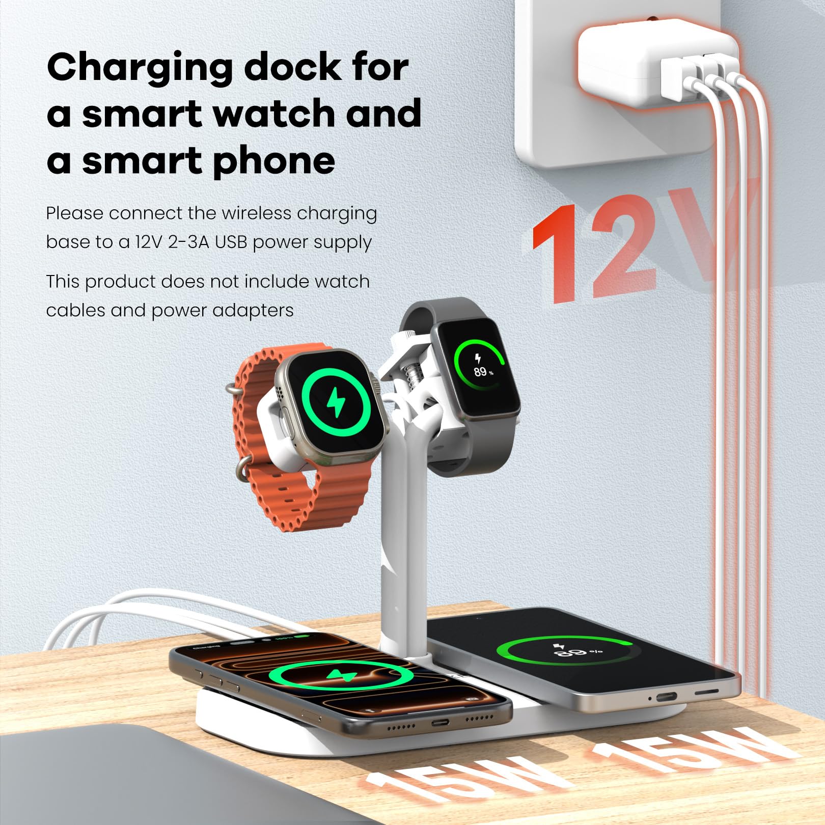 Stazione di ricarica 4 in 1, caricabatterie wireless per doppio telefono e supporto per smartwatch/cinturino, compatibile con iPhone, Samsung e Google, per AirPods, Galaxy Fit, Xiaomi, Amazfit