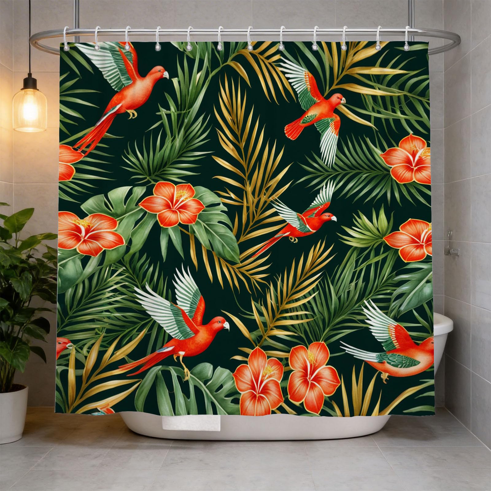 Hongduo 3D Parrot Animal Red Shower Curtain for Stalls Bathtubs Flower Painting Bathroom Decor Shower Curtain Set Polyester Fabric Waterproof 180x180cm/71X71 Inch with Hooks
