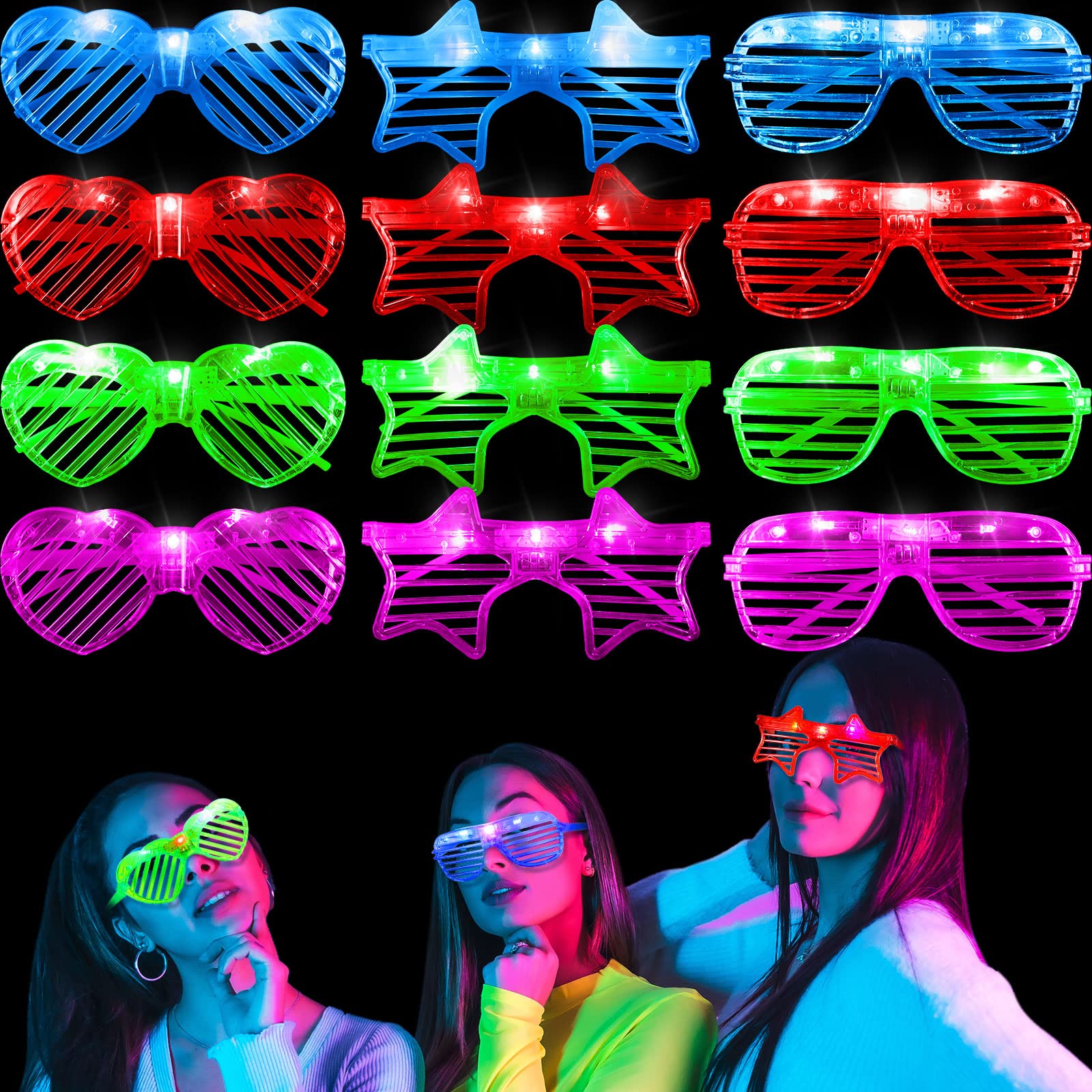Maitys 12 Pcs LED Glasses Glow in The Dark Light up Glasses Neon Party Favor Glow Glasses 4 Color for Adult Birthday Party Supplies