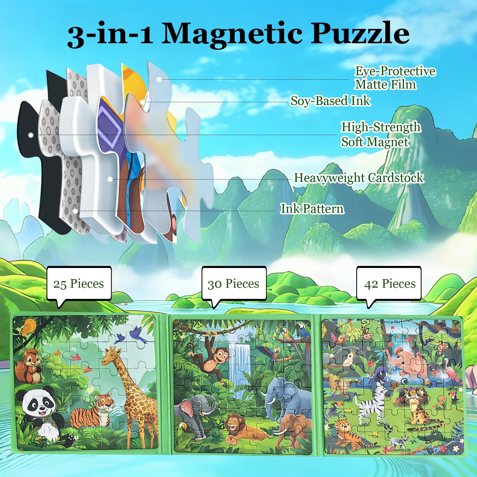 Veloray Puzzle magnetico per bambini dai 3 ai 6 anni - Set 3 in 1 con animali della foresta - 25 pezzi per puzzle su piastra magnetica - Gioco di apprendimento ideale per l'asilo